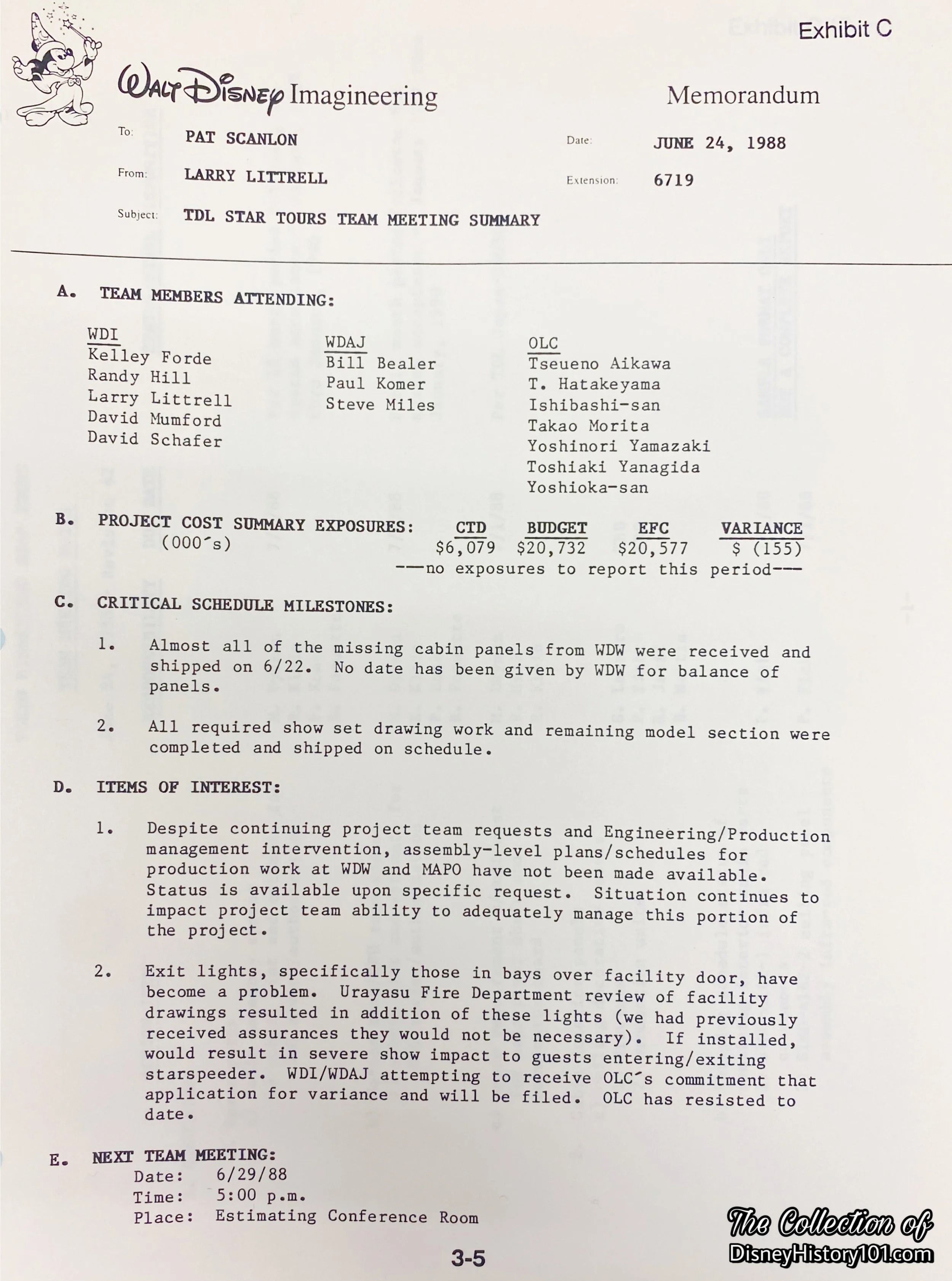 Tokyo Disneyland Star Tours Meeting Summary; June 24, 1988. 