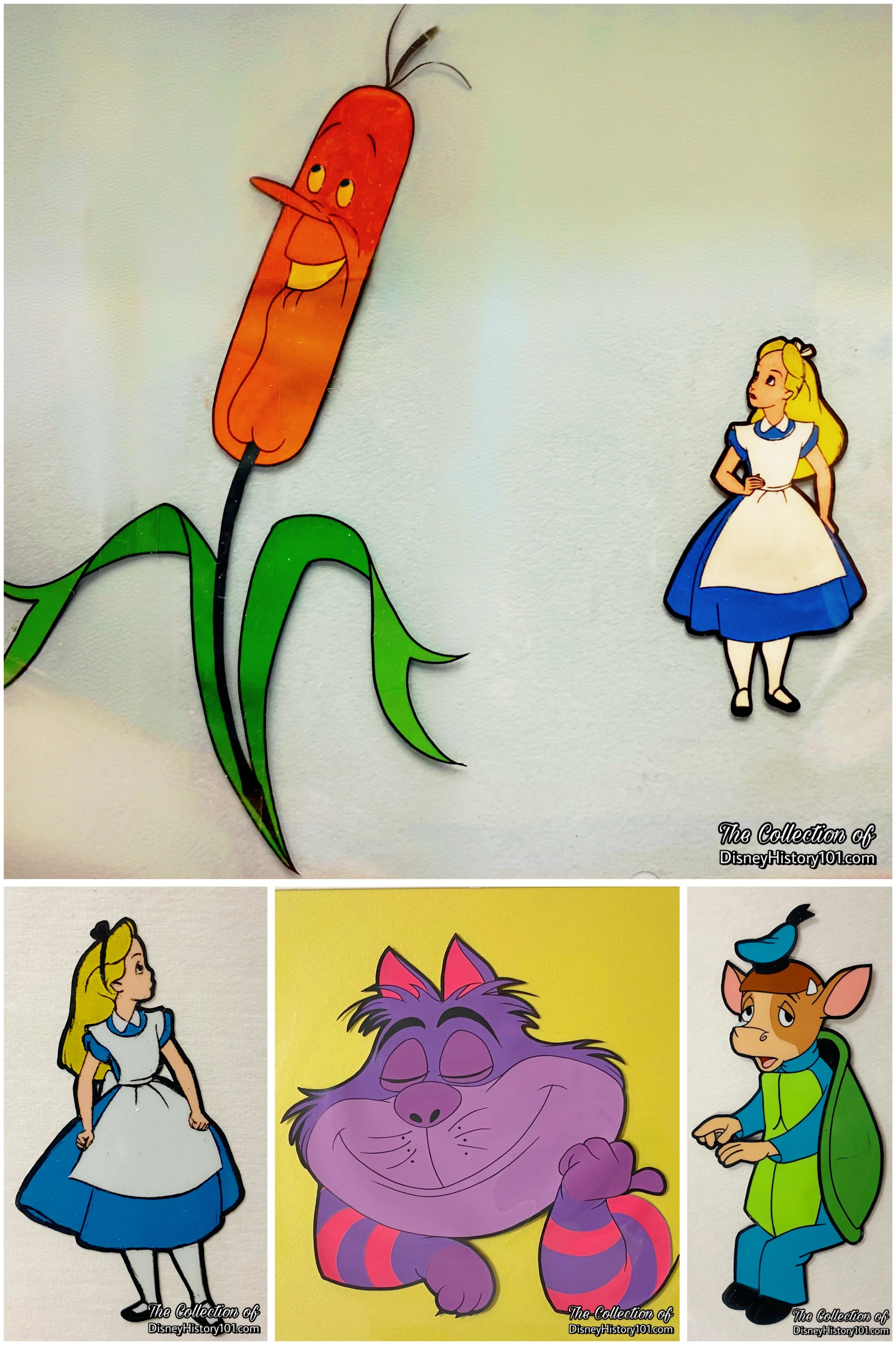 Alice, Cheshire Cat and Mock Turtle in animation cels prepared for JELLO promotional commercials.