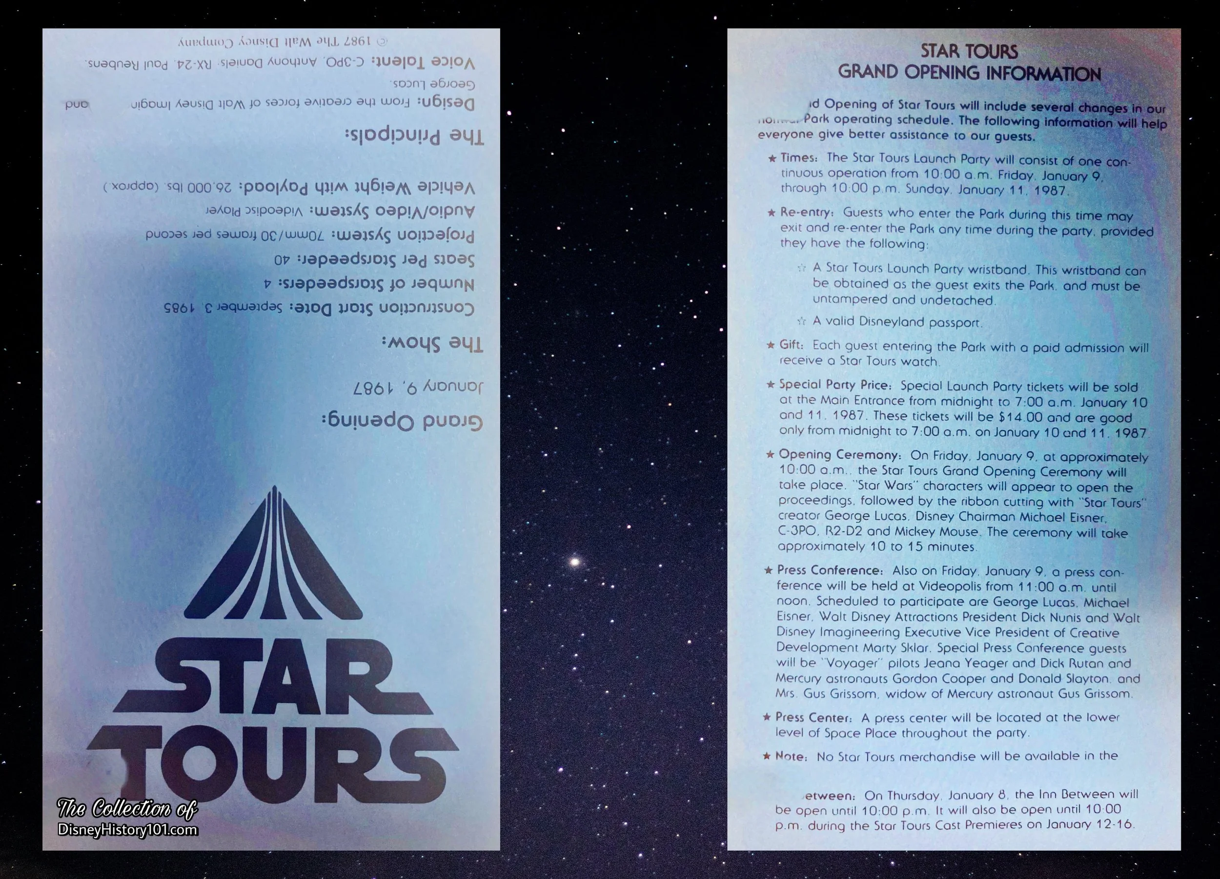 These Star Tours Fact Cards were issued to Disneyland Cast Members before the Launch Party; 1987.