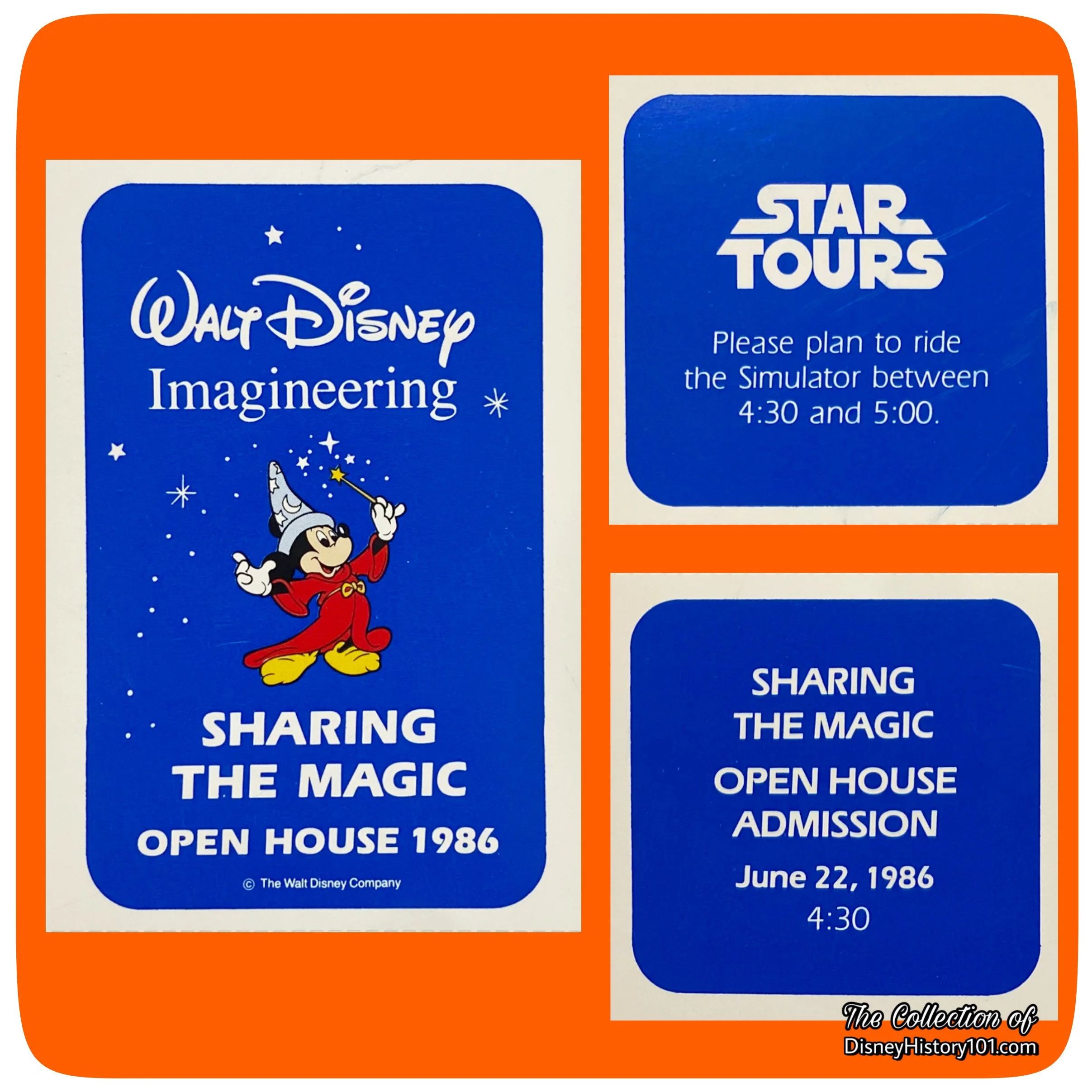 Walt Disney Imagineering “Sharing the Magic” Open House Admission Labels advertising the preview of Star Tours.