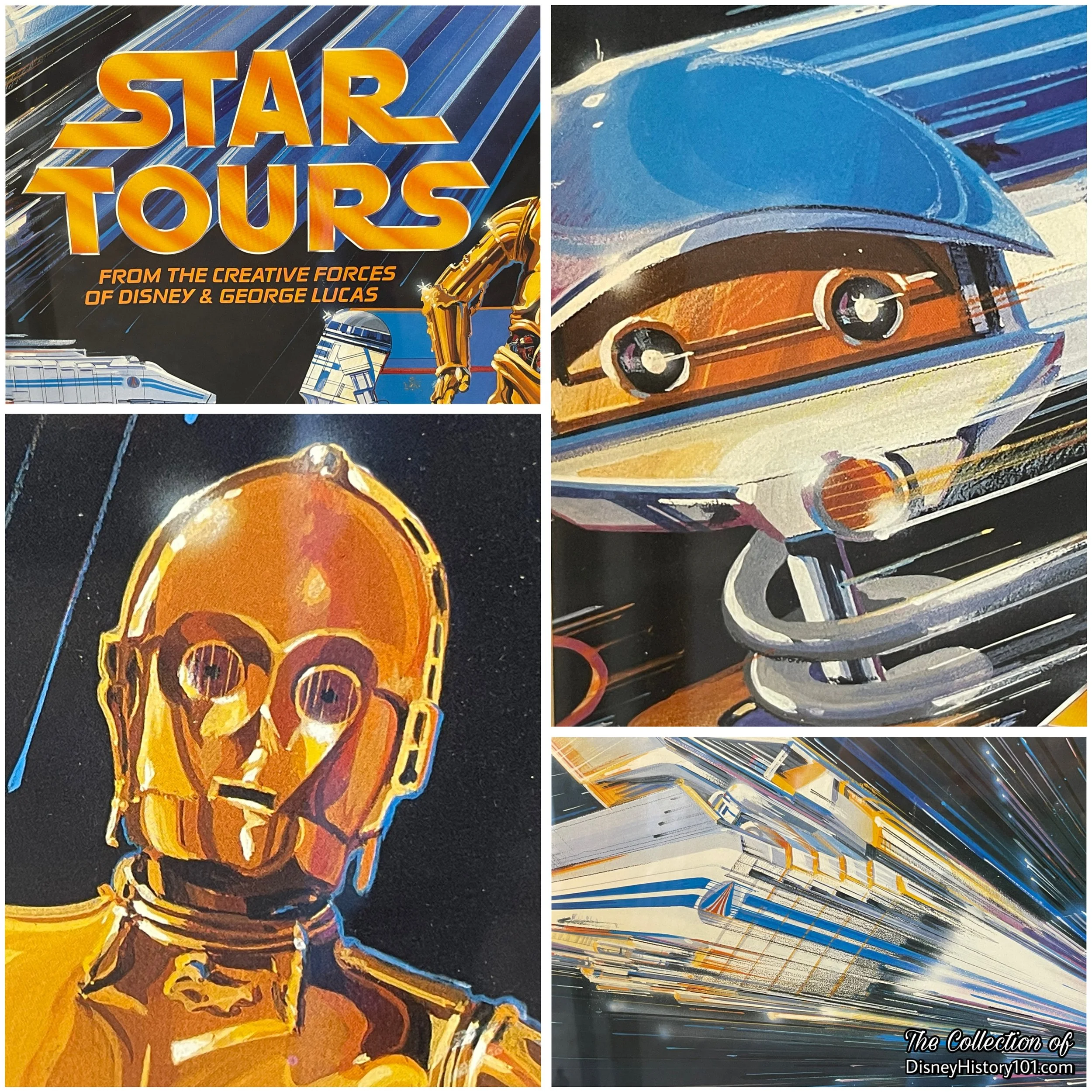 Close-ups of the original  artwork created for the “Star Tours: The Ultimate Adventure” promotional campaign poster.