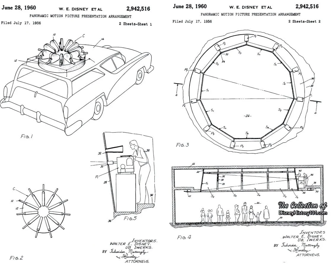 The Two Patent Sheets for Walt Disney & Ub Iwerks’ “Panoramic Motion Picture Arrangement”, filed July 17, 1956. Note the car in the illustration resembles a Nash Rambler.