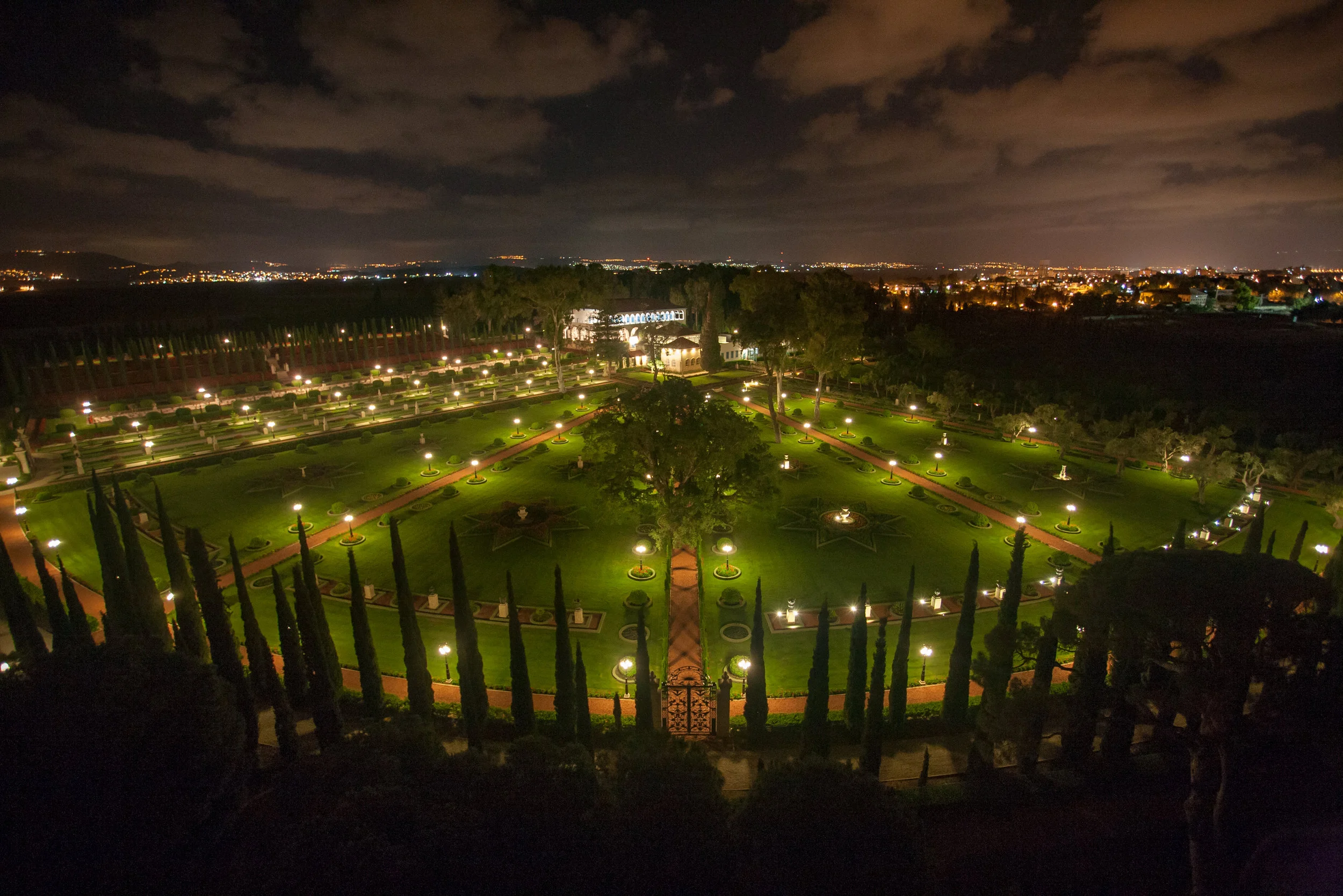 Aerial view of the Shrine of Bahá’u’lláh, Mansion of Bahjí and surrounding gardens.