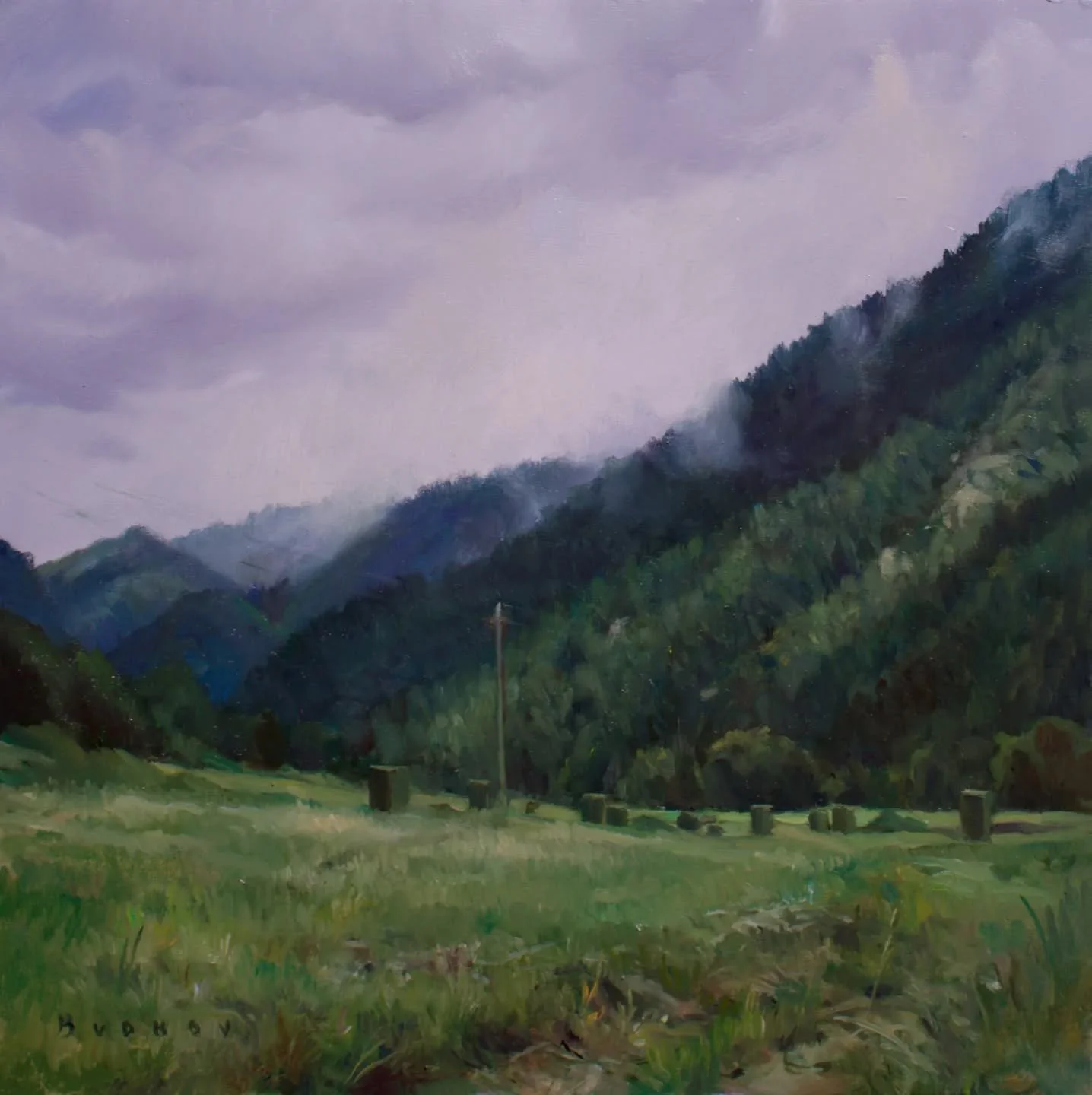 New small plein air painting: &quot;Fog's Kiss; Swan Valley, Idaho&quot;. 
I loved the touch of fog rolling through the valley, overlooking the freshly made hay stacks. 
 
 
 
#pleinairart #pleinairpainting #swanvalley #idahoart #fog #hay #nikitabudk
