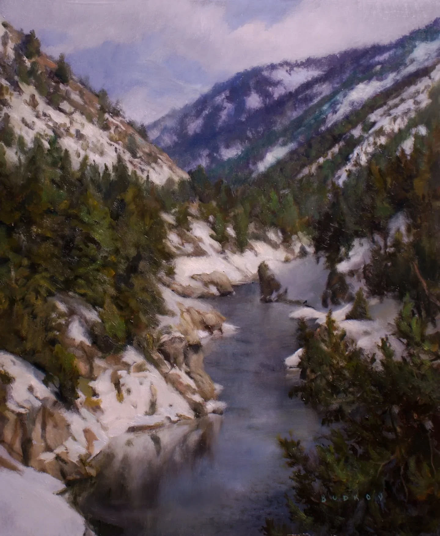New landscape painting: &quot;Winter's Journey, Snake River by Alpine, WY&quot;, oil on aluminum, 14&quot; x 11&quot;.
Available for sale.

A couple of weeks before spring's warmth began to stir, I started this painting. I was new to the area, having