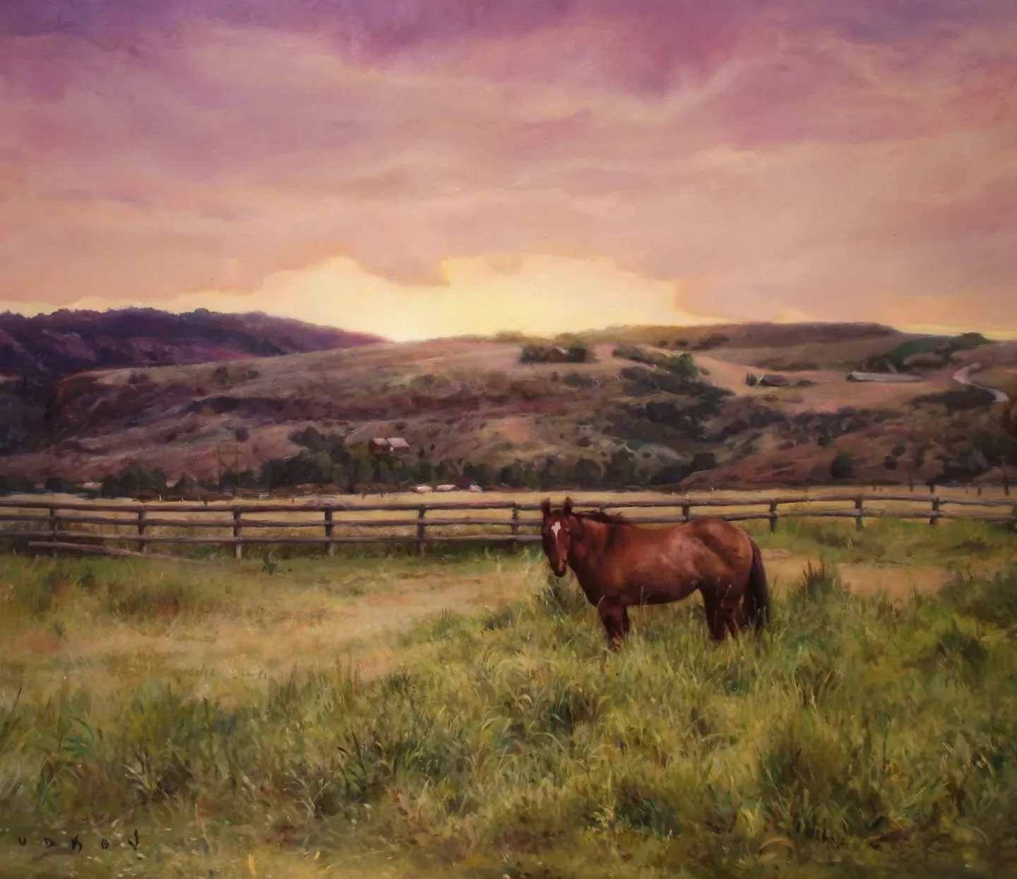 &quot;In Waves of Golden Light&quot;...
Fresh off the easel &mdash; a 24&quot; x 30&quot; oil painting of a solitary horse standing in his sea of grass, quietly drinking in the last golden breath of the day. The sunset leans over the hills like a sof