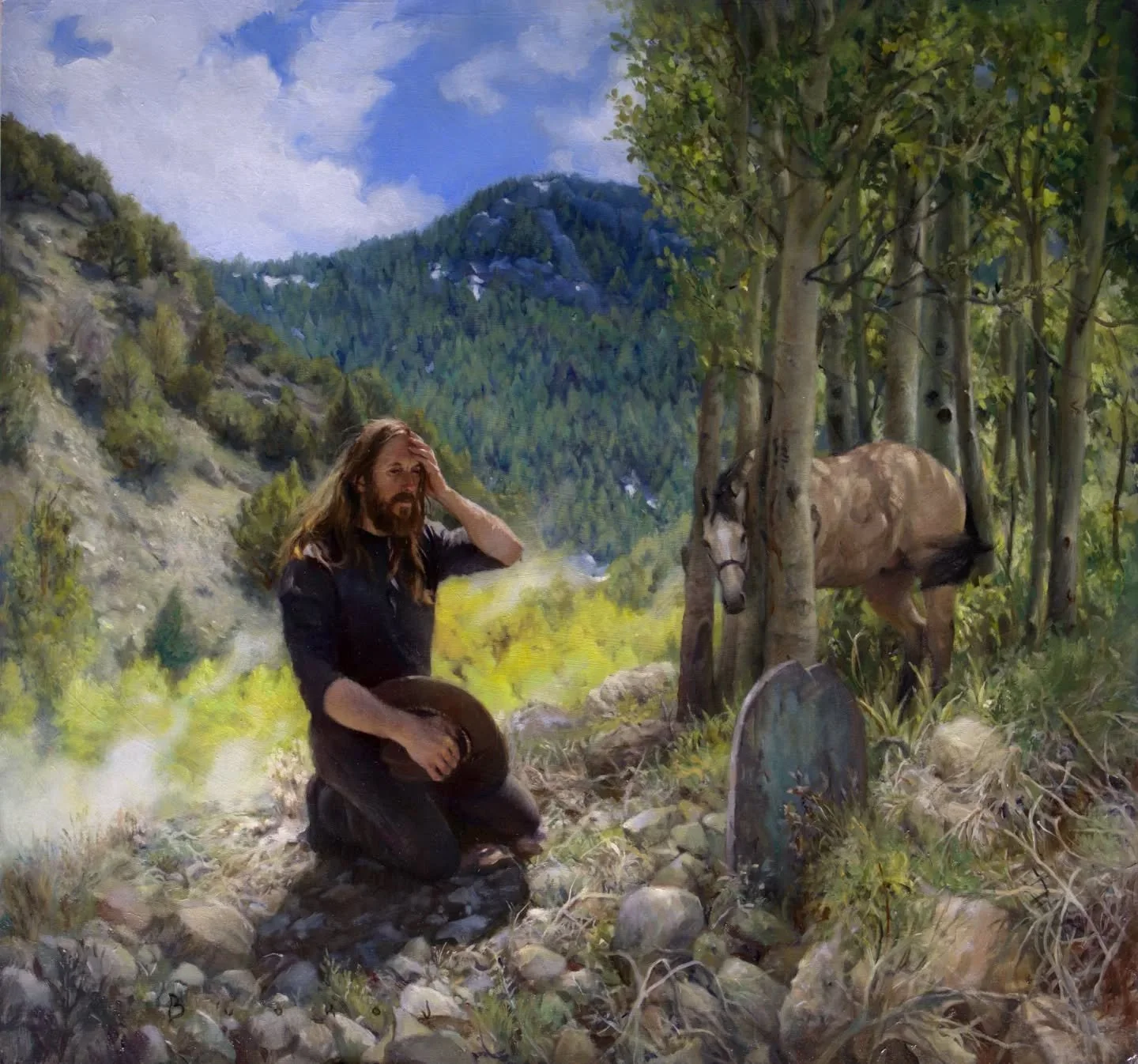 Fresh off the easel. 
&quot;Soul of a Man&quot;, oil on wood, 22&quot; x 24&quot;.

A weary traveler kneels before an unmarked tombstone in a sunlit mountain meadow, his horse standing patiently among the aspens, still as a shadow. Though the moment 
