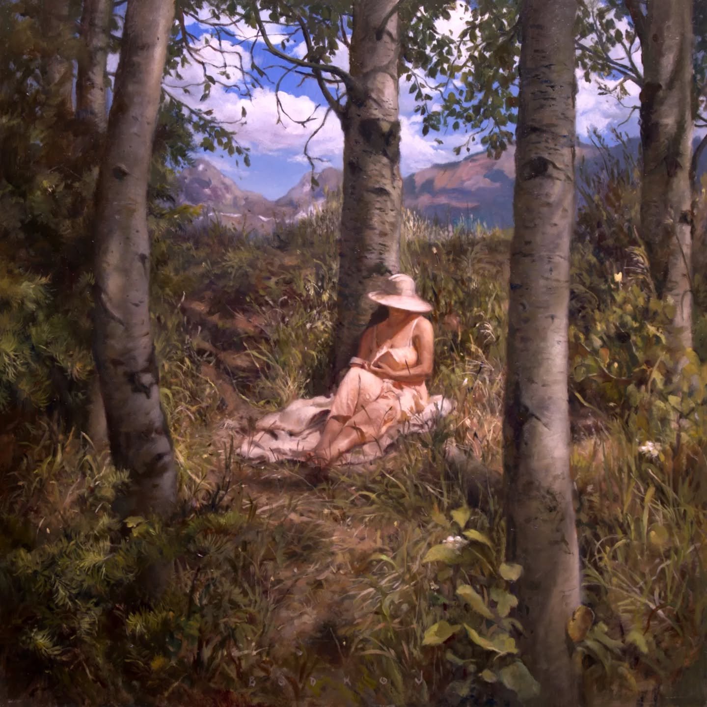 Fresh off the easel: "Sacred Place, Grand Teton".
What began as three consecutive plein air sessions last Summer, I hopped back on it to finish the painting in my studio. 18" x 18" oil on aluminum panel.

A woman finds sanctuary b