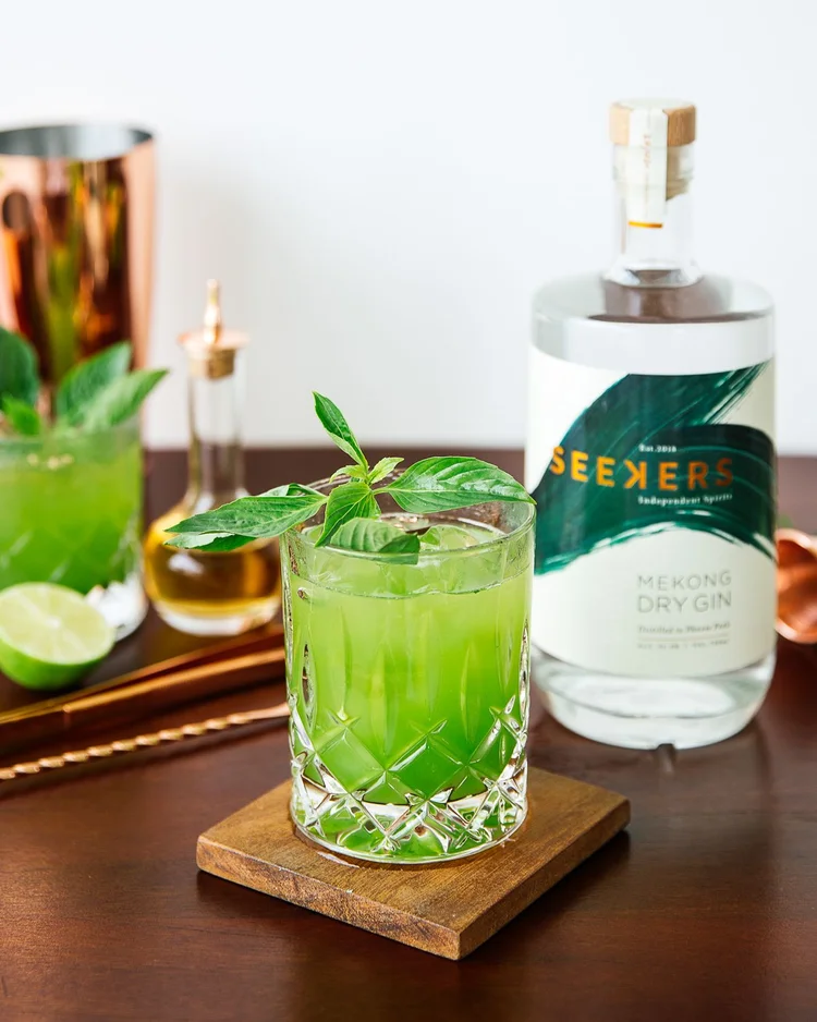 Basil Smash — Khmer basil smash in a rocks glass