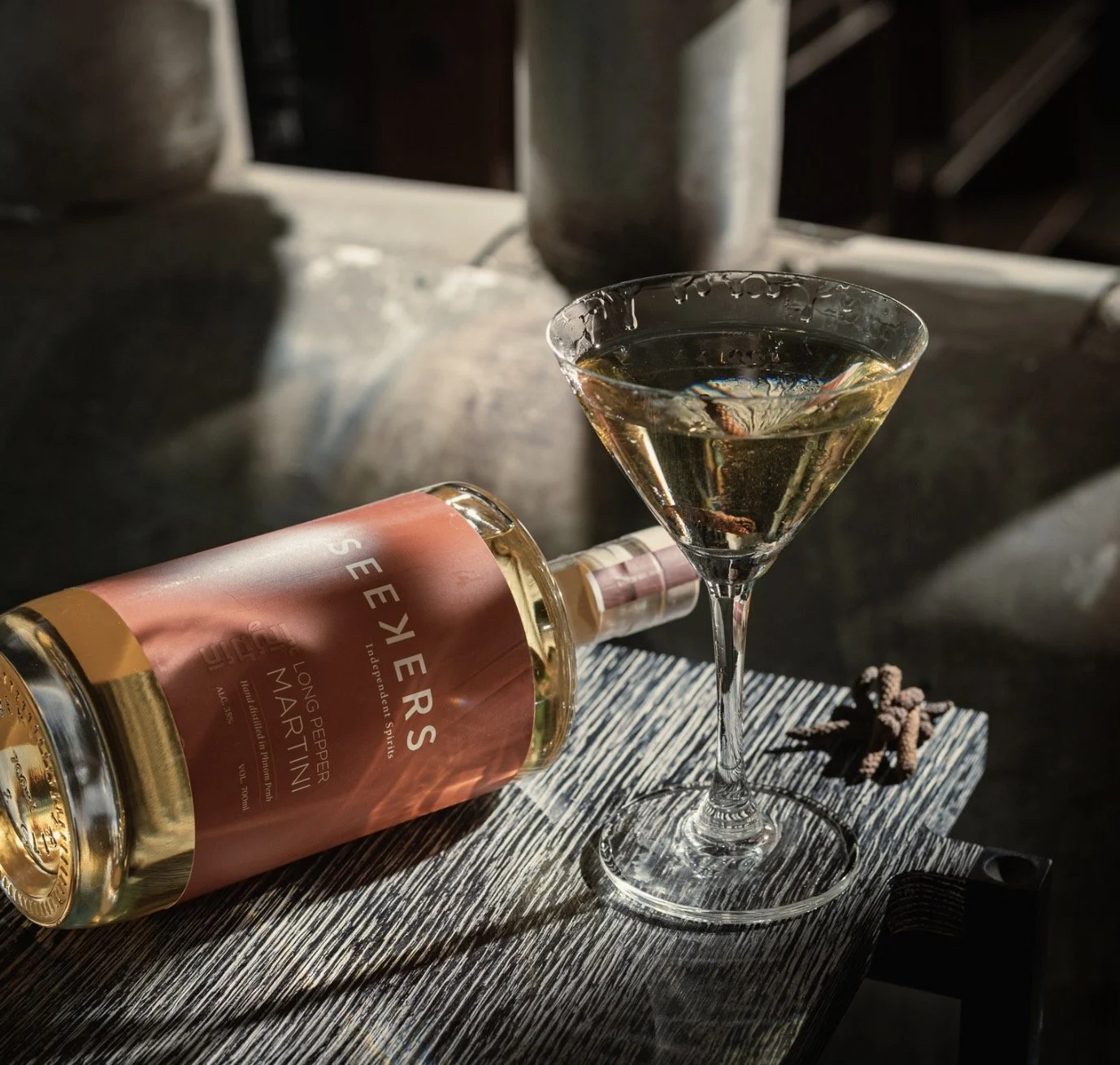Seekers Kampot Long Pepper Martini ready to drink bottle and martini