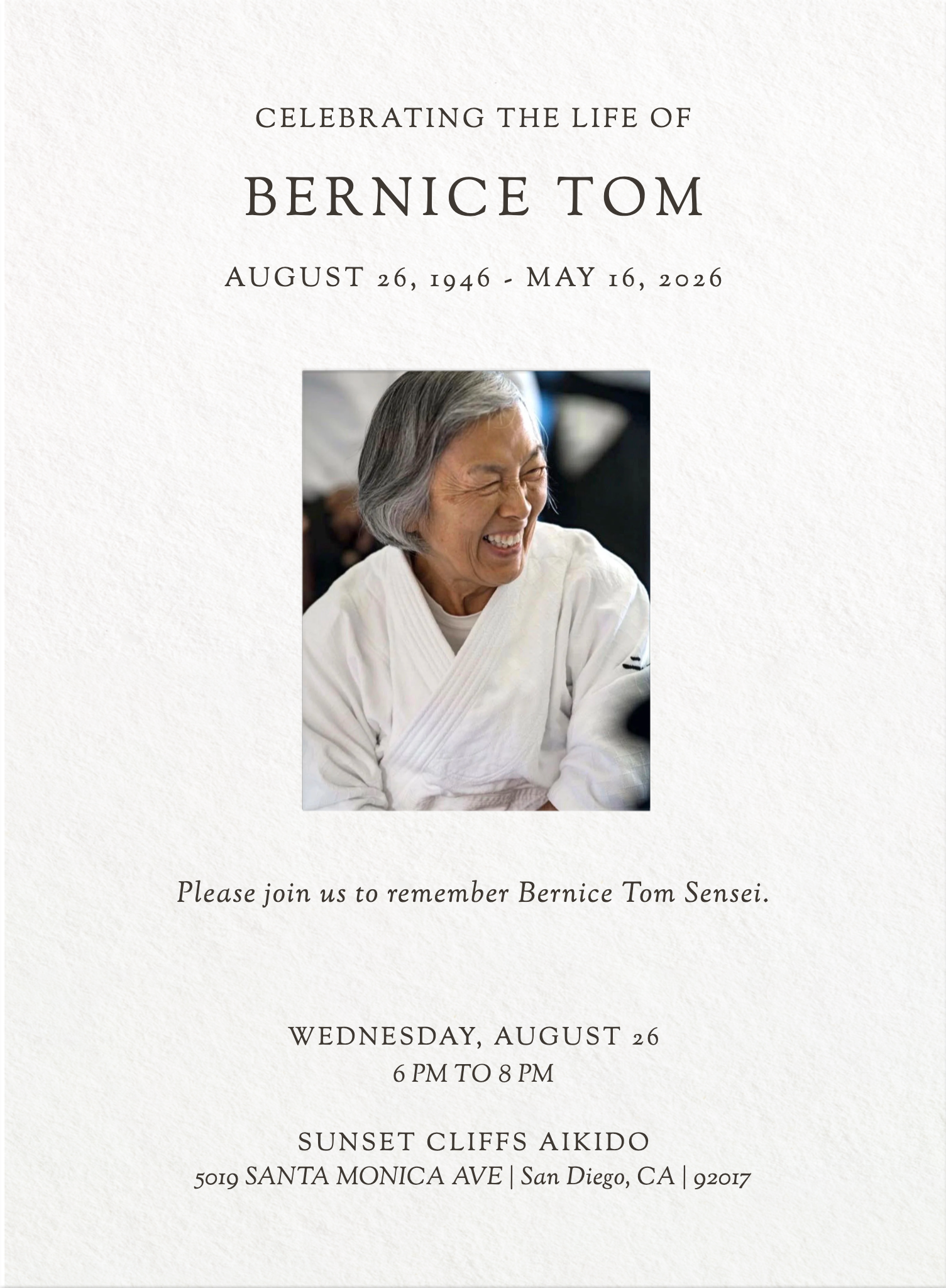 Please RSVP for Bernice Tom Memorial