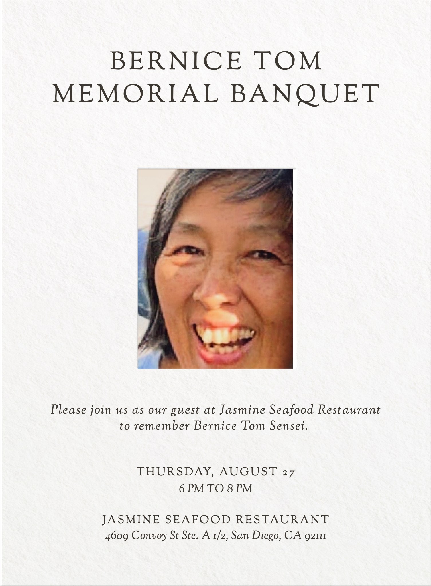 Please RSVP for Bernice Tom Memorial Banquet
