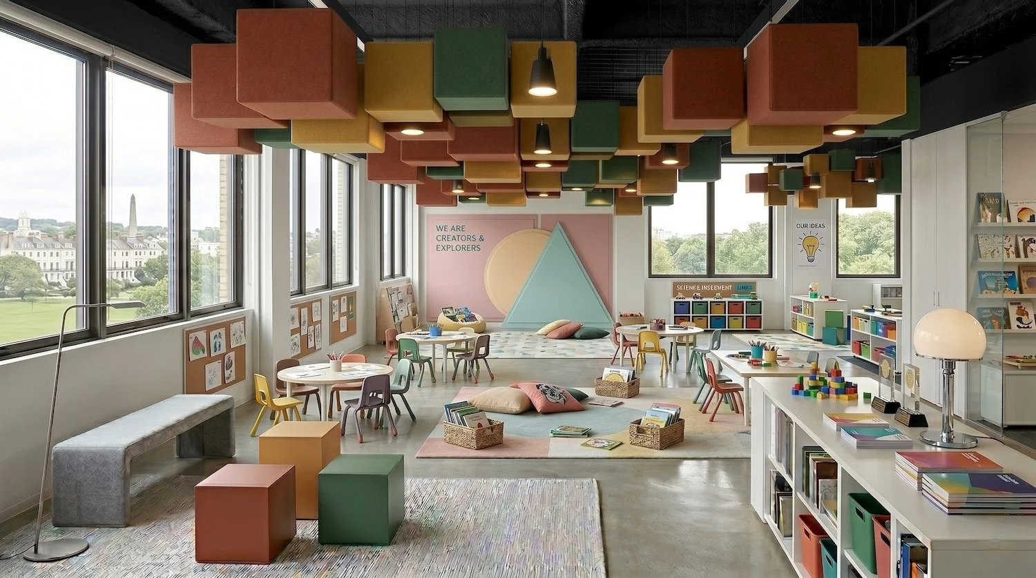 Bespoke Petfelt acoustic ceiling cube art in UK school classroom..jpeg