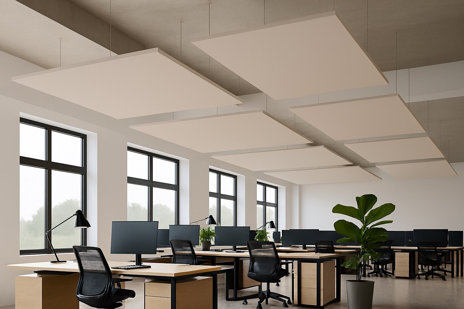 Suspended Acoustic Ceiling rafts and clouds for london office - rectangle and off white .jpeg