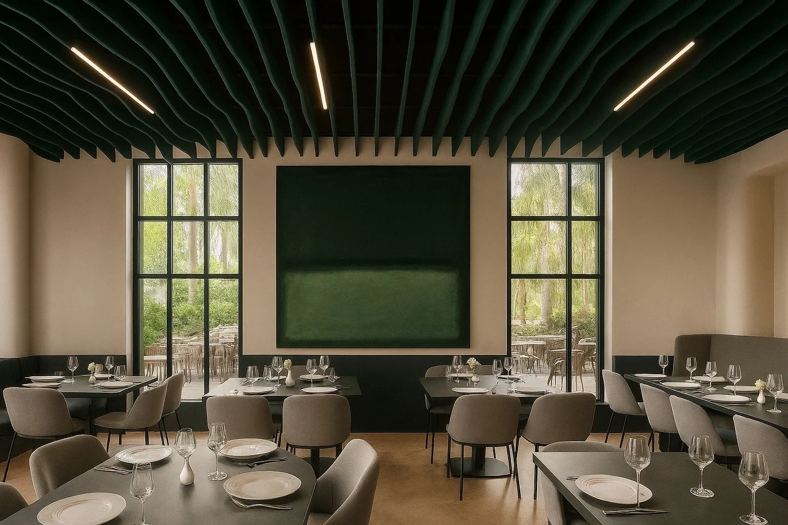 PetFelt Acoustic ceiling Baffles (curves) in UK London Restaurant.jpeg