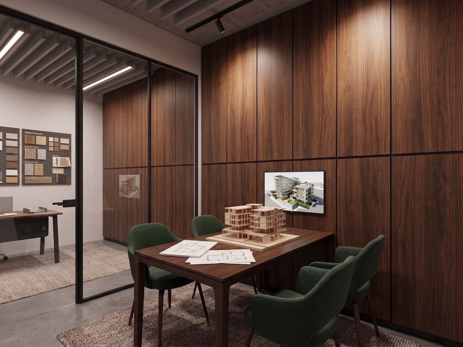 PetFelt Woods Acoustic wall panel - Walnut timber efffct print on office Meeting room wall London.jpeg