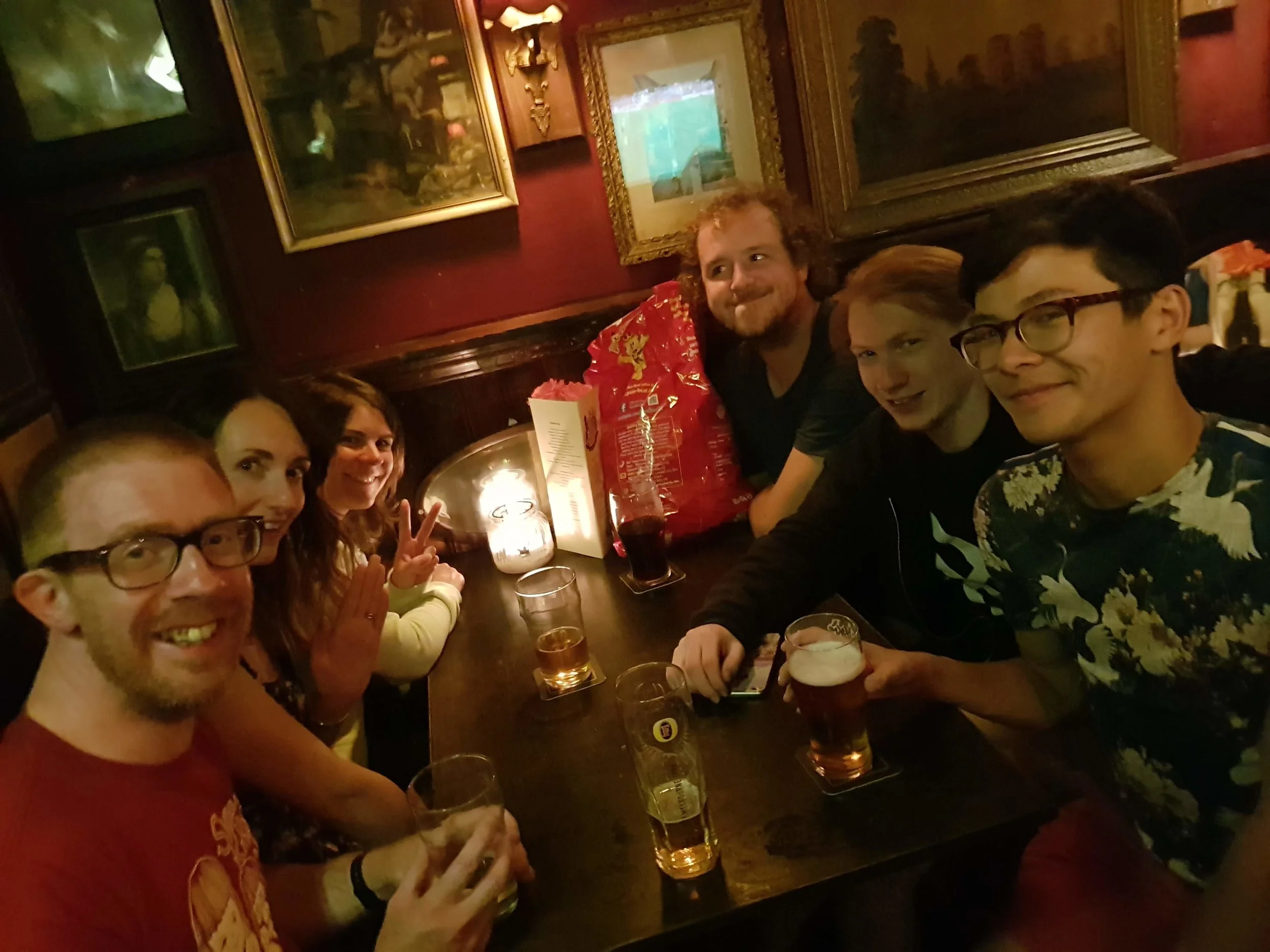 Some of us decanted to a pub, to talk about pub quizzes, parkour and the Shikoku 88 pilgrimage .