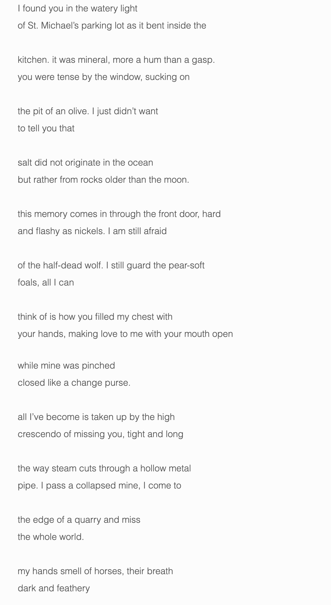 I found you in the watery light of St. Michael’s parking lot as it bent inside the kitchen. it was mineral, more a hum than a gasp. you were tense by the window, sucking on the pit of an olive. I just didn’t want to tell you that salt did not originate in the ocean but rather from rocks older than the moon. this memory comes in through the front door, hard and flashy as nickels. I am still afraid of the half-dead wolf. I still guard the pear-soft foals, all I can think of is how you filled my chest with your hands, making love to me with your mouth open while mine was pinched closed like a change purse. all I’ve become is taken up by the high crescendo of missing you, tight and long the way steam cuts through a hollow metal pipe. I pass a collapsed mine, I come to the edge of a quarry and miss the whole world. my hands smell of horses, their breath dark and feathery