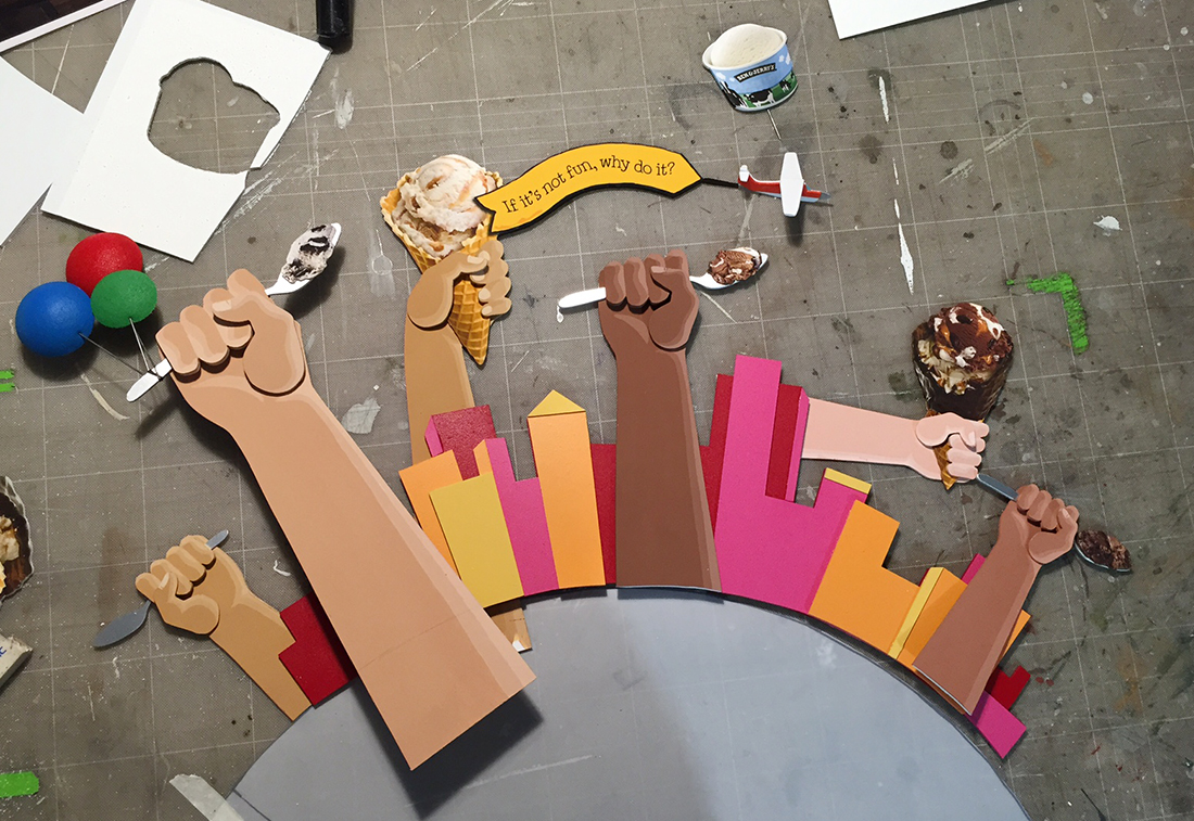  ART DIRECTOR, PROP DESIGNER + FABRICATOR  3-D model for Ben &amp; Jerry’s made as prototype store display for South Asian market. The model is “stair-stepped”, combining 2-D and 3-D low relief pieces around the outside of the wheel. Collaboration wi