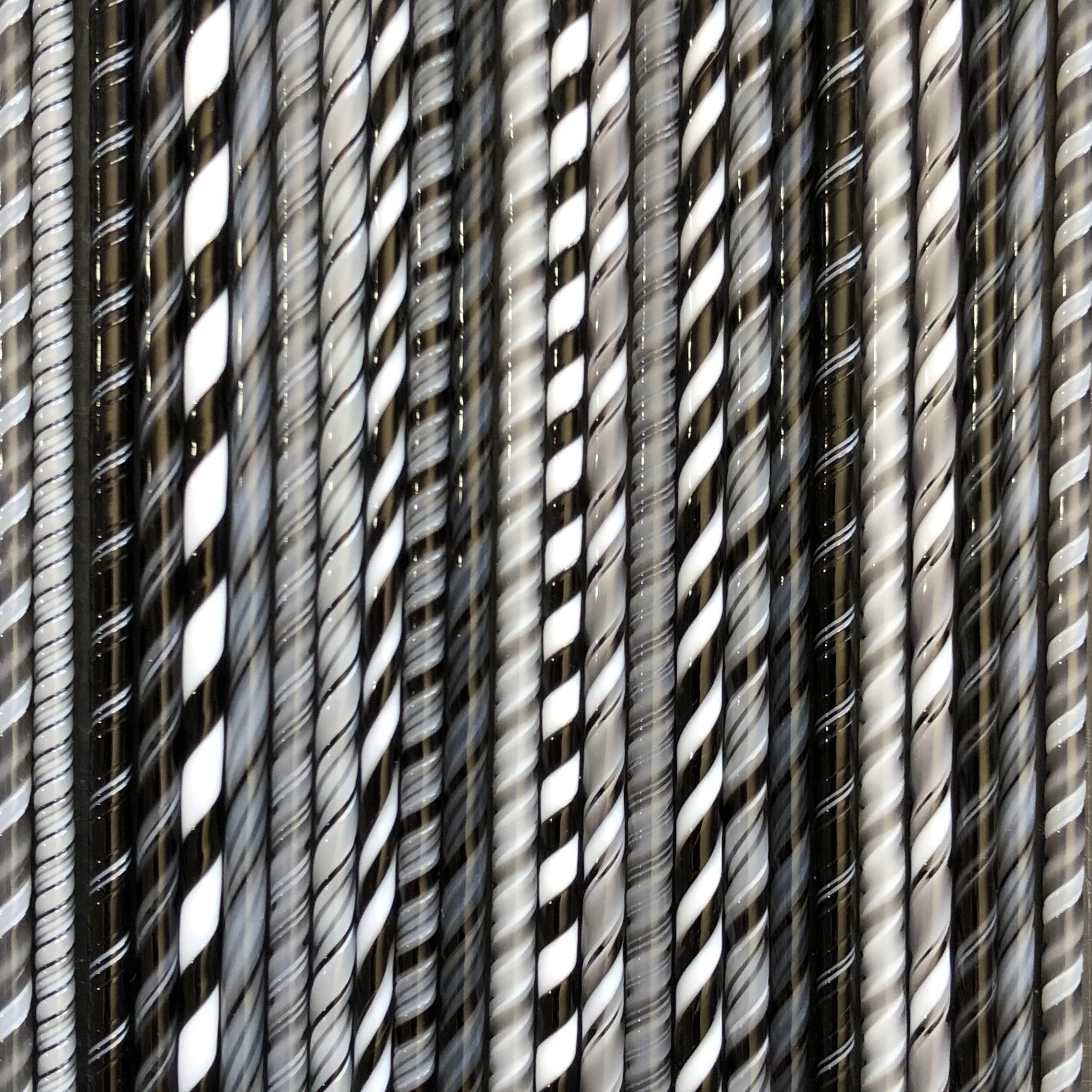 Twisted Glass Canes | COE 90 Bullseye Glass | Black White Gray | Five 10 Inch