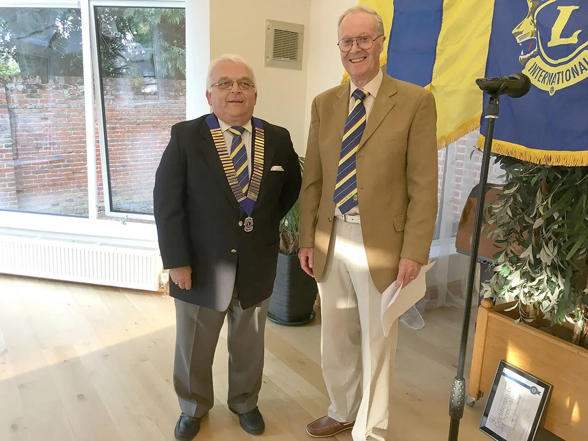 Outgoing President = Lion Chris Lambert (right) after handing over the Club’s Chain of Office to President for 2019/20 - Lion Chris Eglington.