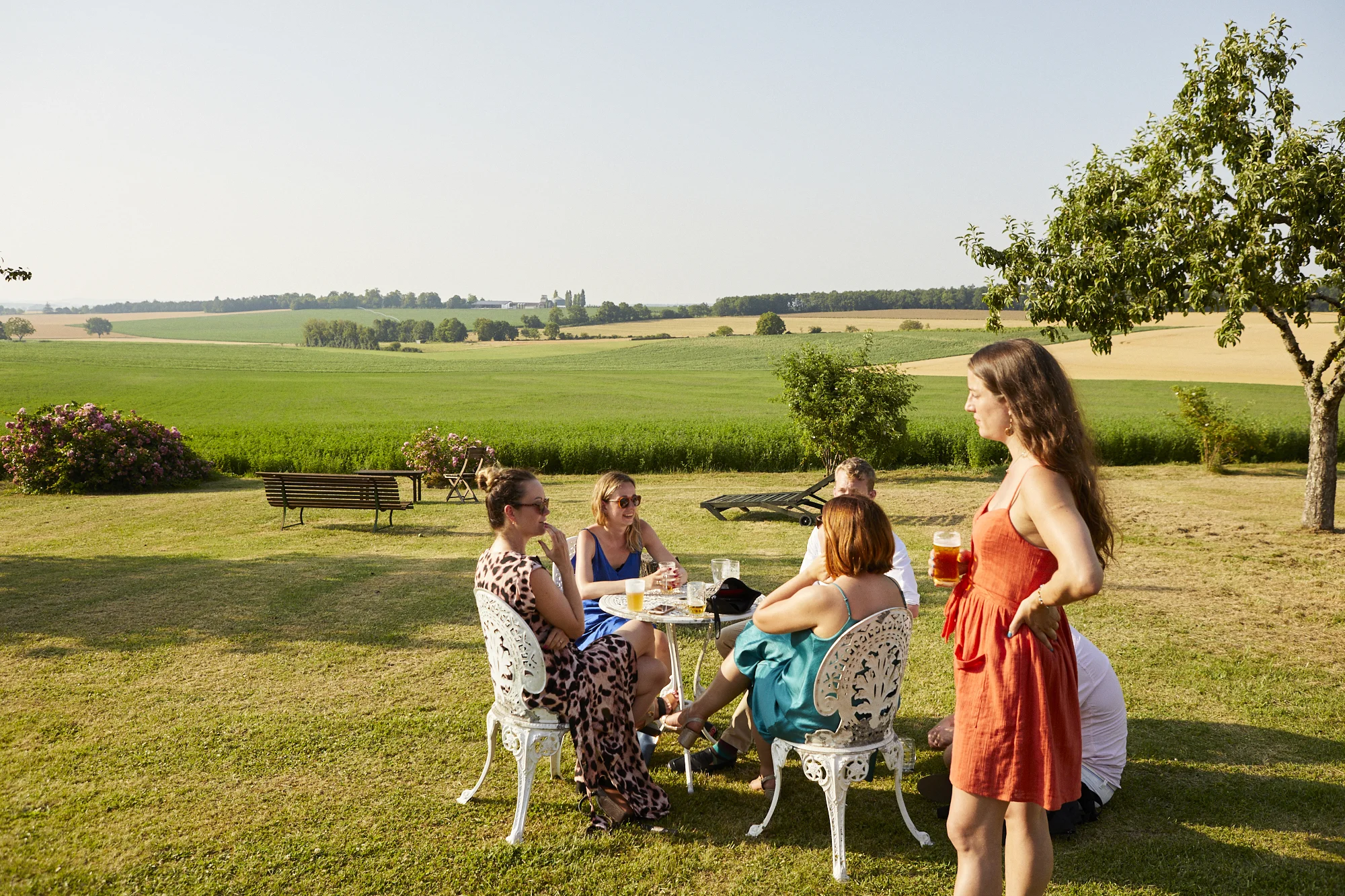 Group of people having a picnic in a green field with chairs, trees, and open countryside in the background on a sunny day.