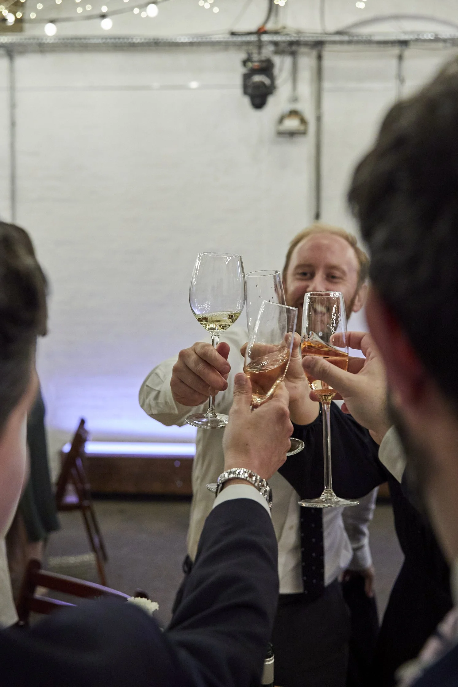 People celebrating with drinks at a party, clinking glasses.
