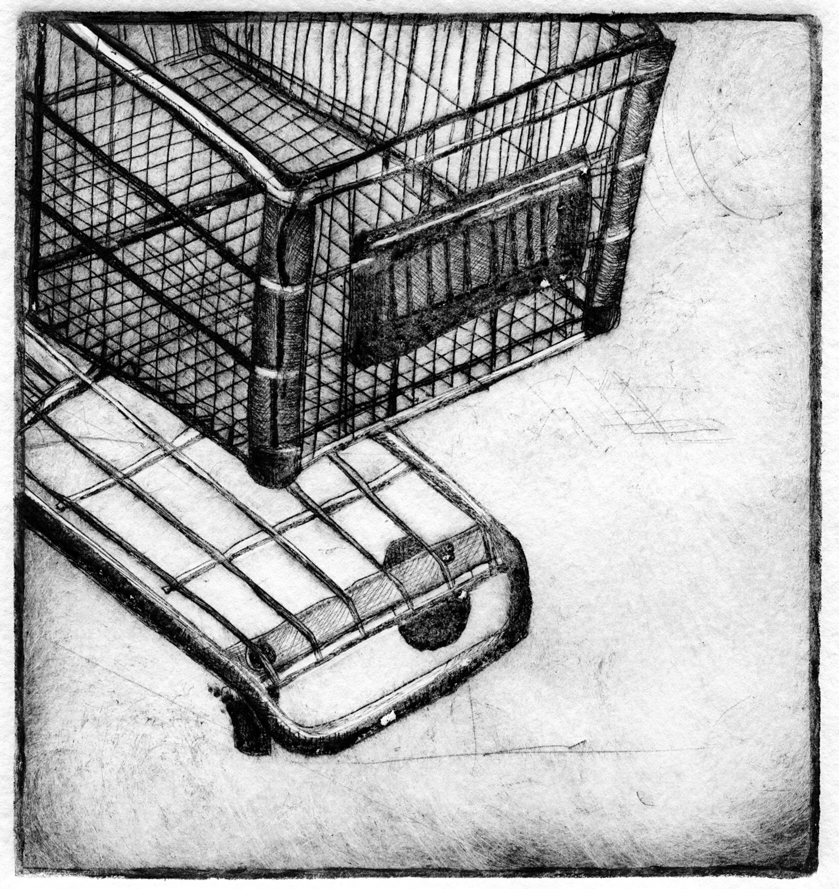 shopping cart, drypoint detail