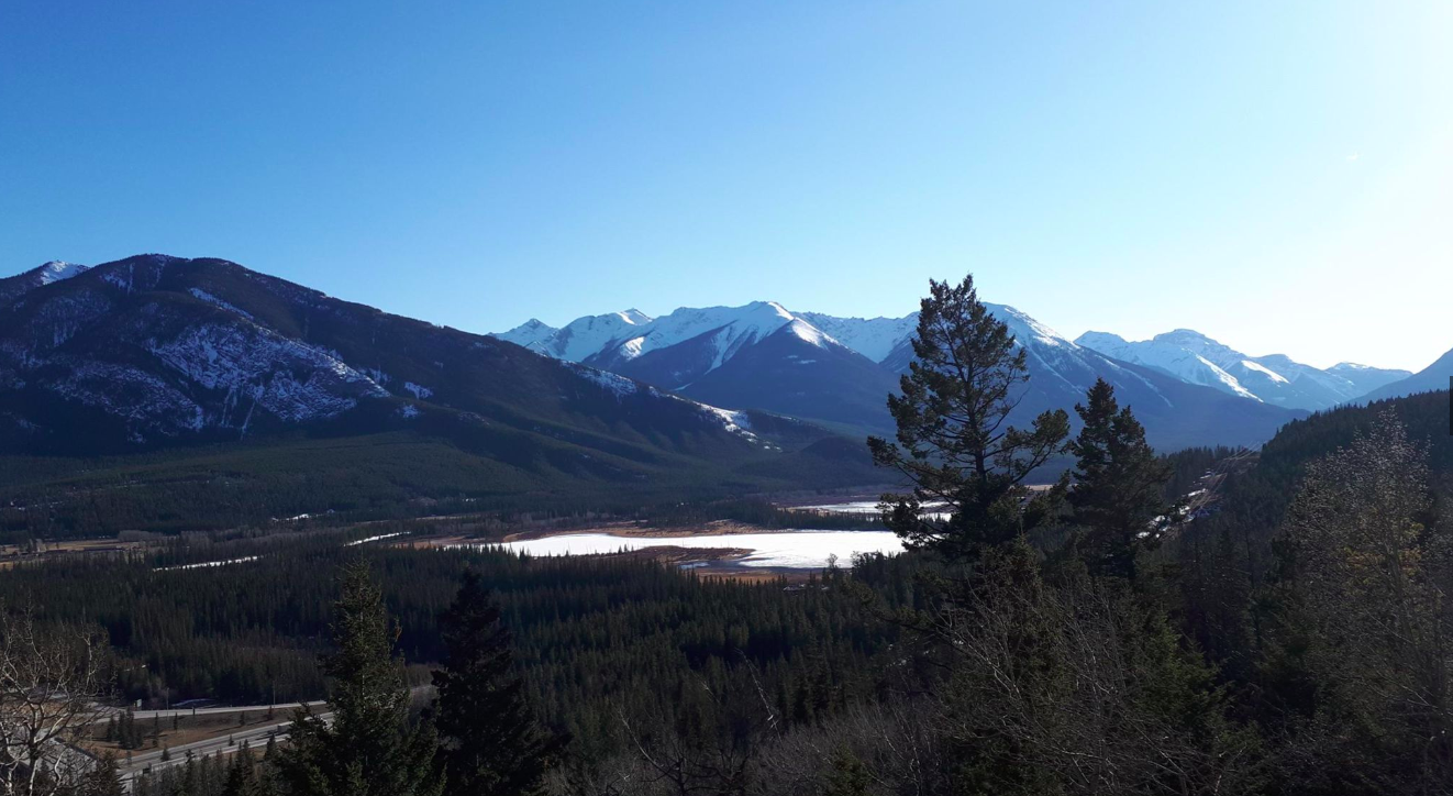 Looking up the Bow Valley past Vermillion Lakes from the Mount Norquay Road, April 2019.
