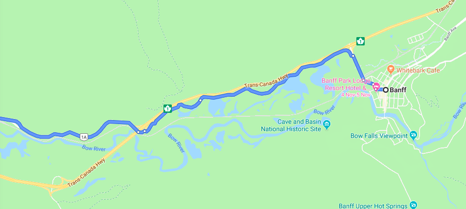 Close up of directions from Banff to Highway 1A past Vermillion Lakes and onto bike path.