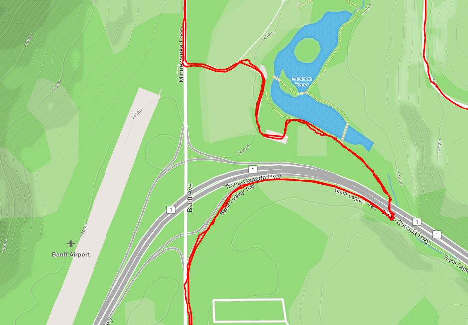 Close-up for navigating Legacy Trail to Lake Minnewanka Scenic Drive under the highway.