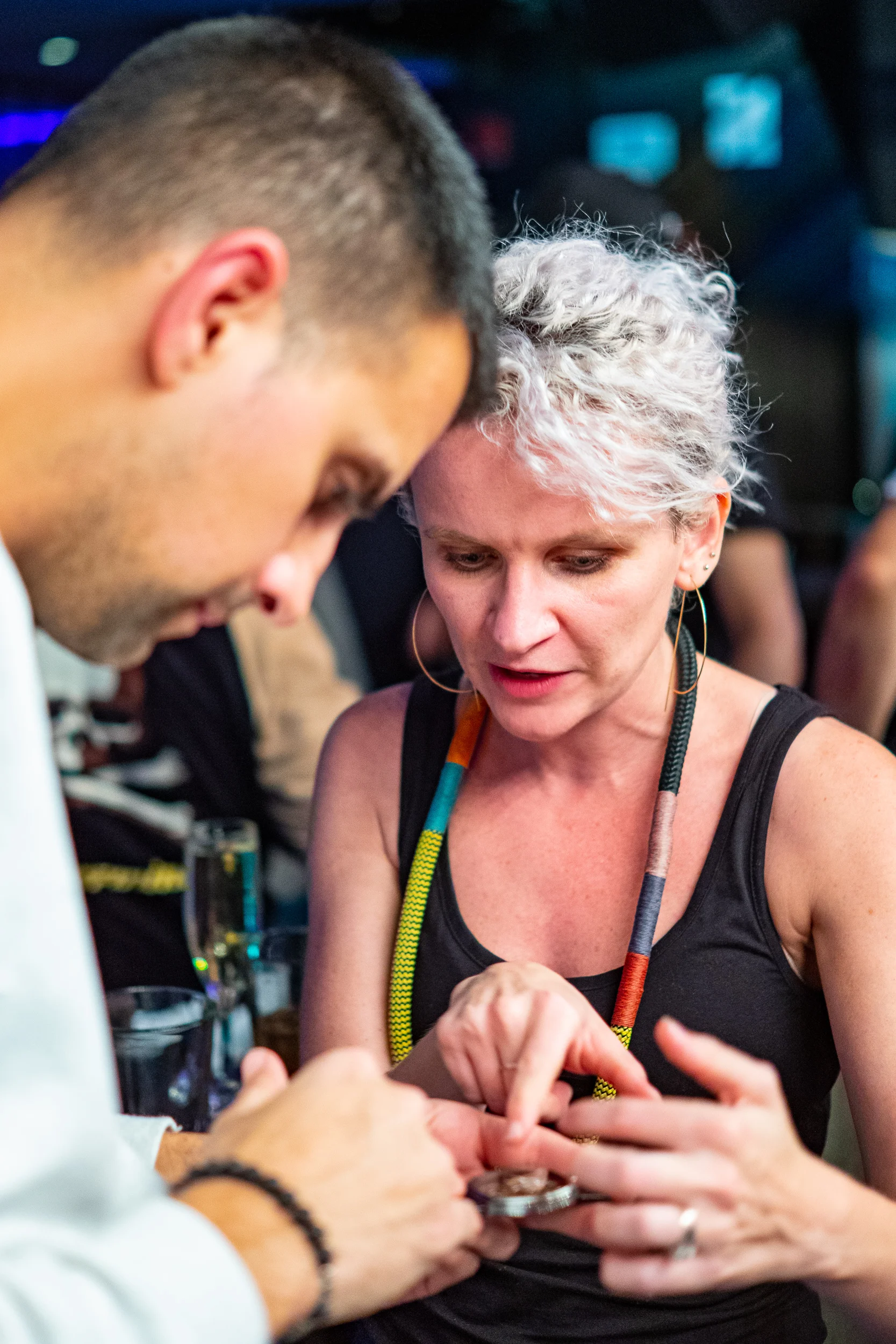 Fiona pointing out details of one of her watches to Christopher Daaboul of Esperluxe