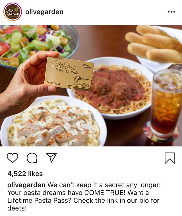 A lifetime Pasta Pass from the Olive Garden clocks in at about $500. The glamor shot foregrounds what looks like a fettuccine alfredo alongside a heavily meatballed spaghetti marinara. A tall glass of high fructose, enamel-eroding cola sits at the re