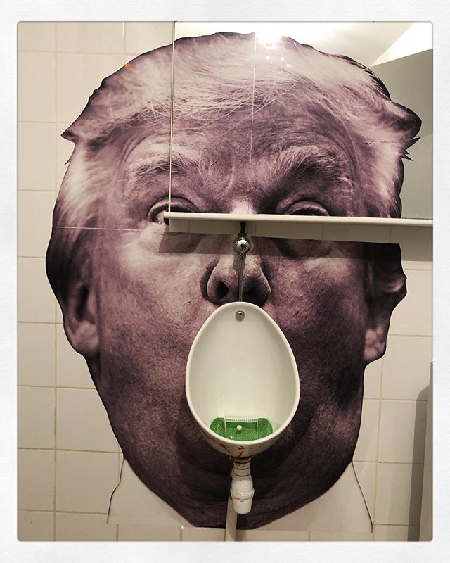 On retreat in a very remote village in France and this is what adorns the urinal of the one bar in town. It is a strange metaphor as it actually feels like Trump is pissing on the world rather than the reverse&hellip; His toxic brew of partially dige