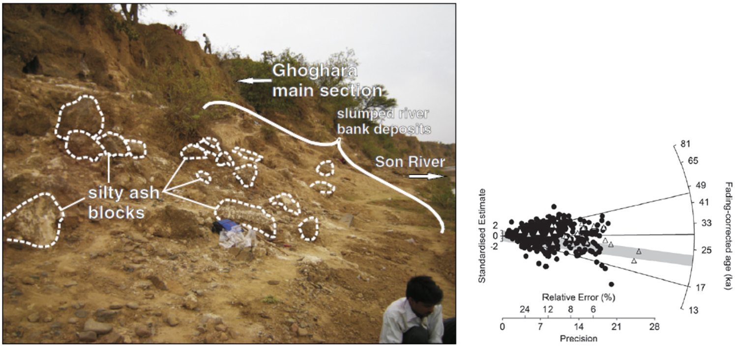 A single-grain (black dots) and multi-grain aliquot (white triangles) K-feldspar age distribution from a sample collected from alluvial sands in the Middle Son Valley, Andhra Pradesh, India ( Neudorf et al.2014 ). The solid lines plot the ages of three FMM age components detected in the single-grain data that are interpreted to represent a mixture of older cutbank deposits and younger fluvial sands. The youngest (third) component is interpreted to represent bioturbation as roots penetrating overlying soils translocate grains from the surface down to the sample site. The shaded region marks ±2σ of the MAM De value calculated from the multi-grain aliquot data. Click here for an explanation on how to read a radial plot.