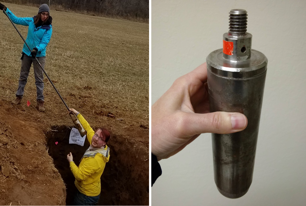 Luminescence sampling by hand auger (LEFT). A beveled, light-tight core sampler (RIGHT). Photo credits: Amanda Keen-Zebert (left), christina neudorf (right)