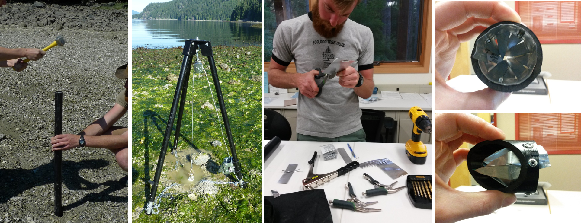 Sediment cores collected by hand using ABS pipe (LEFT). ABS pipe is less prone to fracture than PVC pipe, especially in rocky substrates. Cores may be extracted using a tripod and winch system (LEFT-CENTER). A core catcher (RIGHT-CENTER & RIGHT) can prevent the loss of sediment during core extraction. pHOTO CREDITS: CHRISTINA NEUDORF