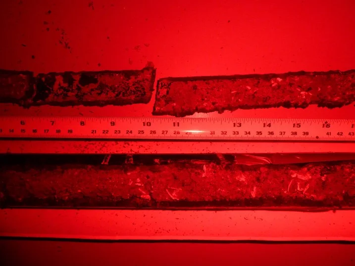 Core sample sediments in a light-safe lab, ready for subsampling for luminescence dating AT THE UNIVERSITY OF THE FRASER VALLEY. PHOTO CREDIT: CHRISTINA NEUDORF