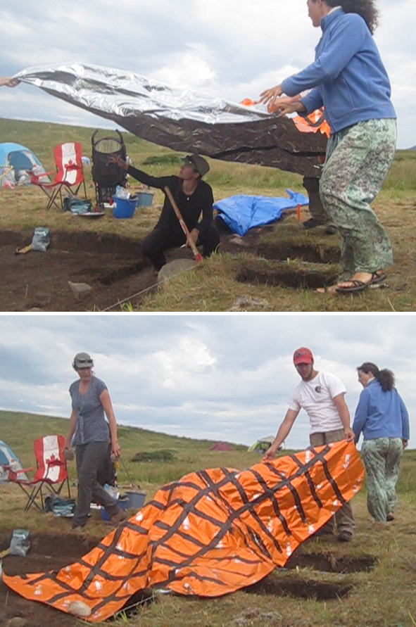 Luminescence sampling under a tarp IN NEWFOUNDLAND, CANADA. Tape was applied to creases susceptible to light penetration, and multiple layers of material was used. If you choose to sample this way, do it quickly and with lots of helping hands - You do not want to suffocate! PHOTO CREDIT: GREGORY MUMFORD