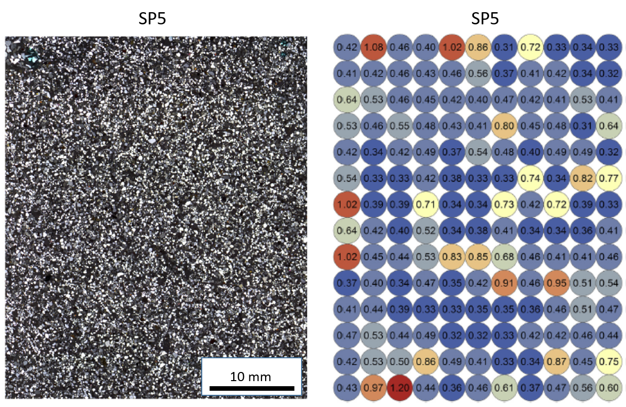 A) Stitched microphotograph of a thin section of beach sand from MacCauley’s Beach, NSW, Australia (sample SP5) shown in cross-polarized light. B) A beta dose rate (in Gy/ka) map created from portable XRF measurements of a separate impregnated block of the same sample. The spatial variations in beta dose rate in this sample can explain the spread in De values (overdispersion = 35%) measured from 170 individual grains ( Jankowski & Jacobs, 2018 ).