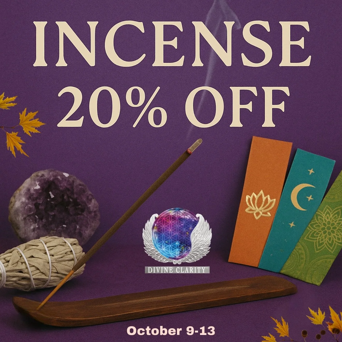 🍂 Thanksgiving Weekend Sale! 🍂 Enjoy 20% off all incense sticks and cones ~ in store and online!

🕯️ Discount automatically applied at checkout.
Shop 24/7 at  www.divineclarity.shop or visit us in person at 2071 Portage Avenue, Winnipeg, MB. 
Fri: