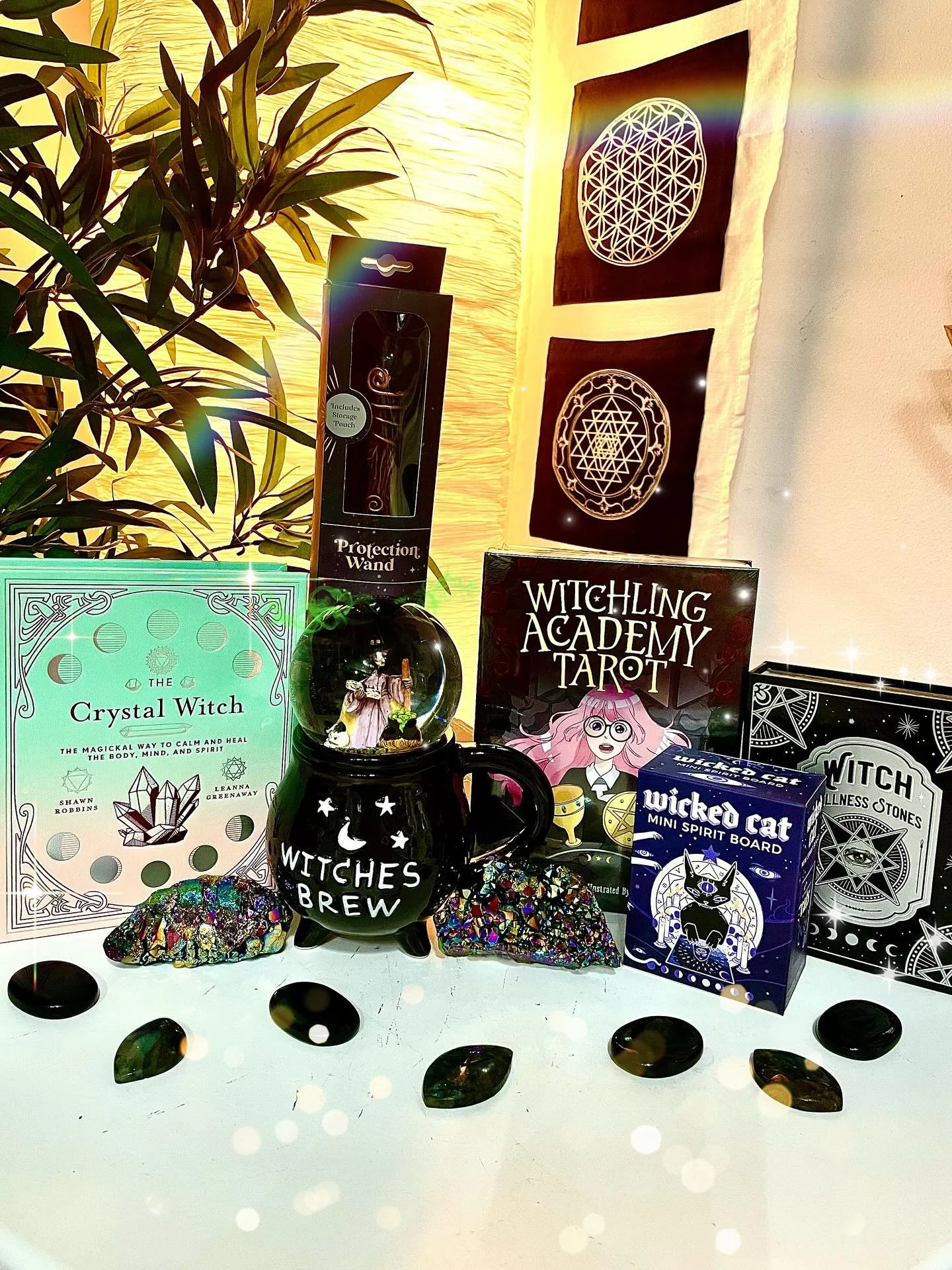 Elevate your witch potential with some of our themed products! We have witch themed tarot card, books, spirt boards and even stones to help you trip fingers into the field of witchcraft. 
Our wands are on sale for $35 so come snatch one up before the
