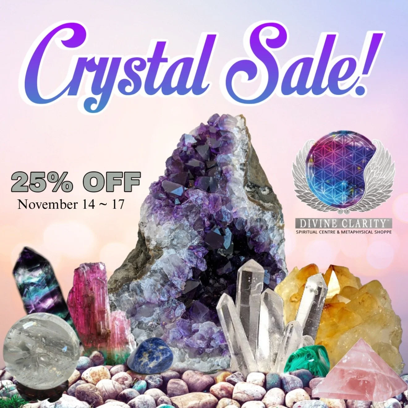 ✨ Crystal Sale! ✨
Enjoy 25% off all crystals and gemstones from November 14&ndash;17 &mdash; in person at 2071 Portage Ave. and online at www.divineclarity.shop

From towers and flames to tumbled stones and heart pieces, it&rsquo;s the perfect time t