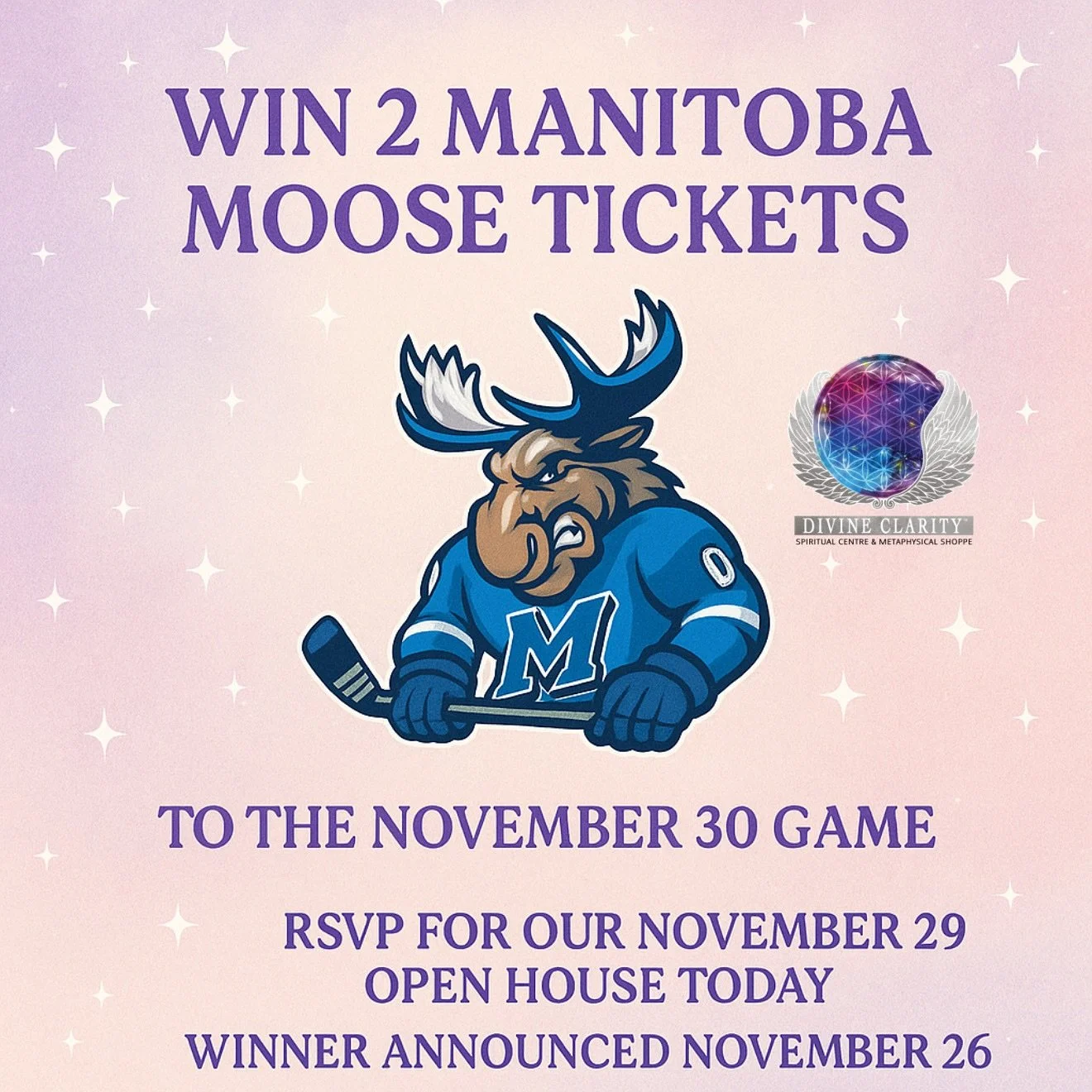 We&rsquo;re teaming up with the Manitoba Moose! 🏒💜 We&rsquo;ll be at the Manitoba Moose Wellness Day this Sunday, November 30th 🧘&zwj;♀️✨

Want to win two tickets to the game that day?
RSVP for our Divine Clarity Holiday Open House on Saturday, No
