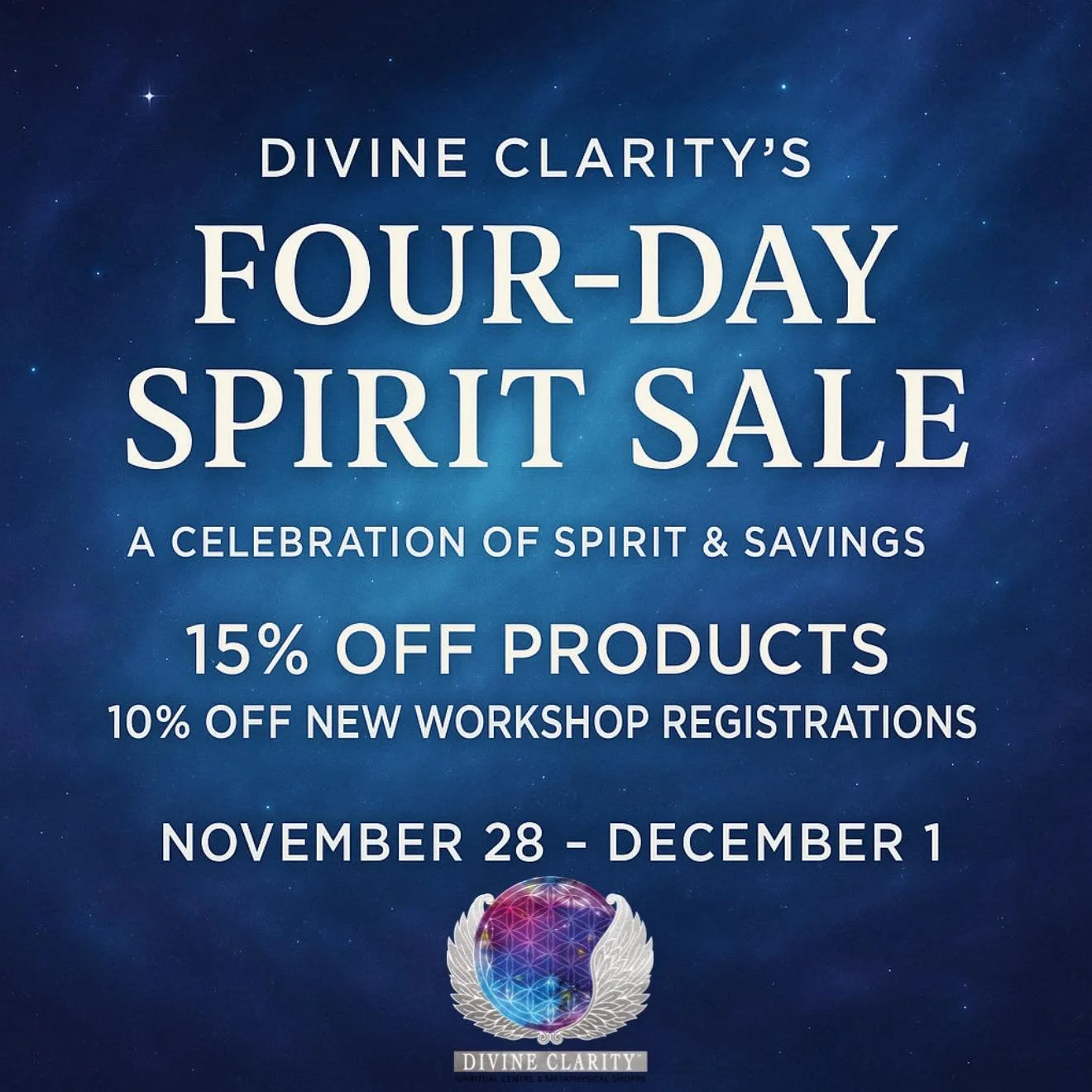 ✨ Four-Day Spirit Sale ✨
www.divineclarity.com
15% off products + 10% off new workshop registrations
Use code SPIRITSALE
Shop in-store or online Nov 28&ndash;Dec 1! 💜