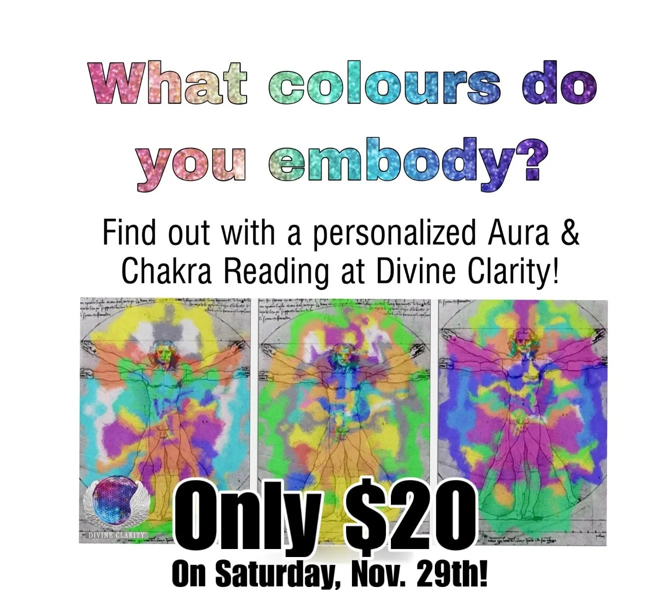 🌈✨ AURA &amp; CHAKRA SALE THIS SATURDAY! ✨🌈
During our Divine Clarity Holiday Open House on Nov 29th, we&rsquo;re offering Aura &amp; Chakra Analysis for just $20 (normally $31.50!).

✔ Aura photo
✔ Chakra reading
✔ Energy interpretation
✔ Only $20