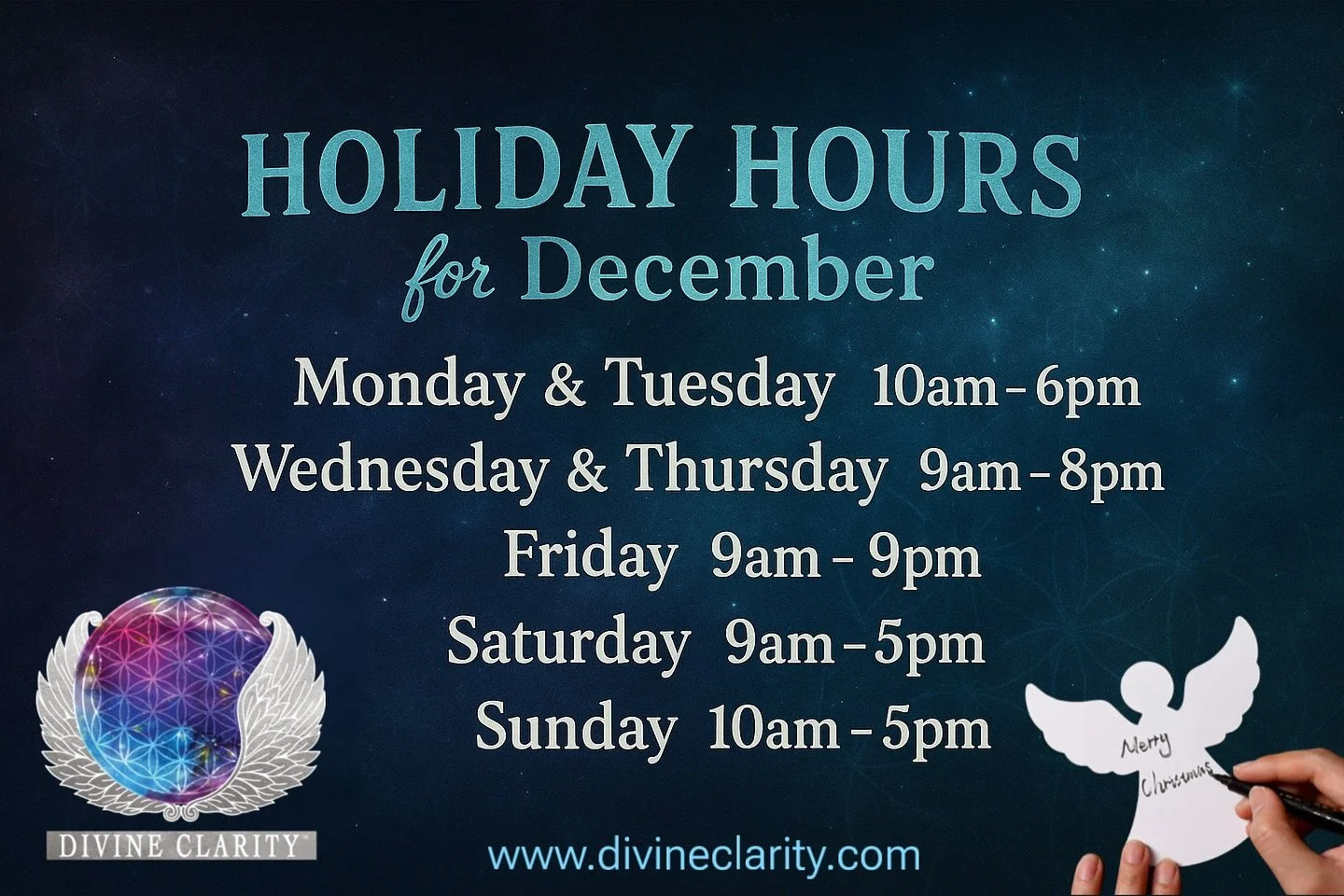 ✨Holiday Hours for December!
We&rsquo;re now open later for your holiday shopping, crystals, gifts, and spiritual essentials. 💜

🤍 Come by anytime to write a Memorial Message Angel for someone you love in Spirit. We&rsquo;ll hang it on our Spirit T