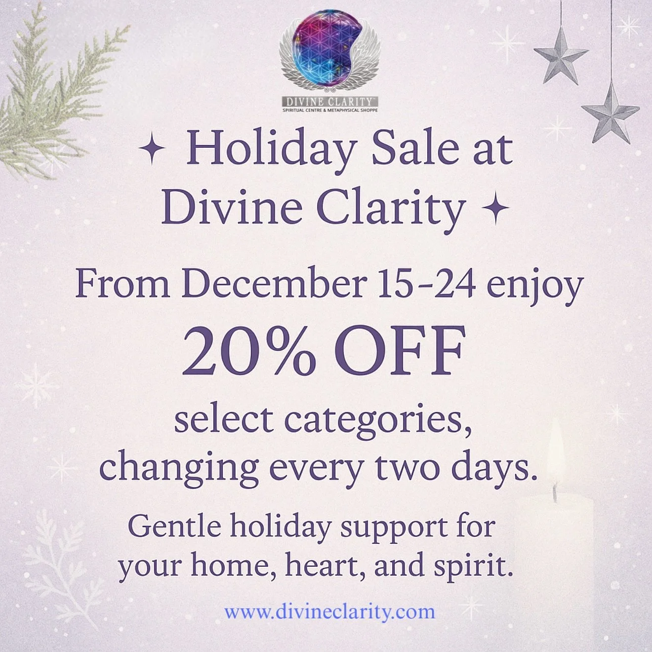 ✨ Holiday Sale at Divine Clarity ✨
From December 15&ndash;24, enjoy 20% OFF select categories, changing every two days.

Gentle holiday support for your home, heart, and spirit 🤍 Thoughtful gifts, calming energy, and meaningful moments ~ chosen with