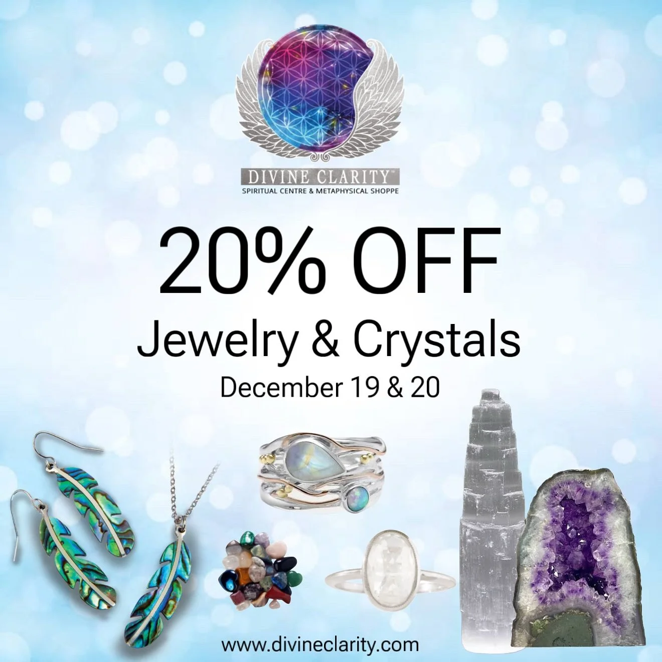 ✨ Jewelry &amp; Crystals ~ 20% OFF ✨ Today &amp; Tomorrow Only

Discover meaningful gifts, high-vibrational crystals, and beautiful jewelry to support intention, healing, and spiritual connection.

🗓 Friday, Dec 19: 9:00 AM &ndash; 9:00 PM
🗓 Saturd