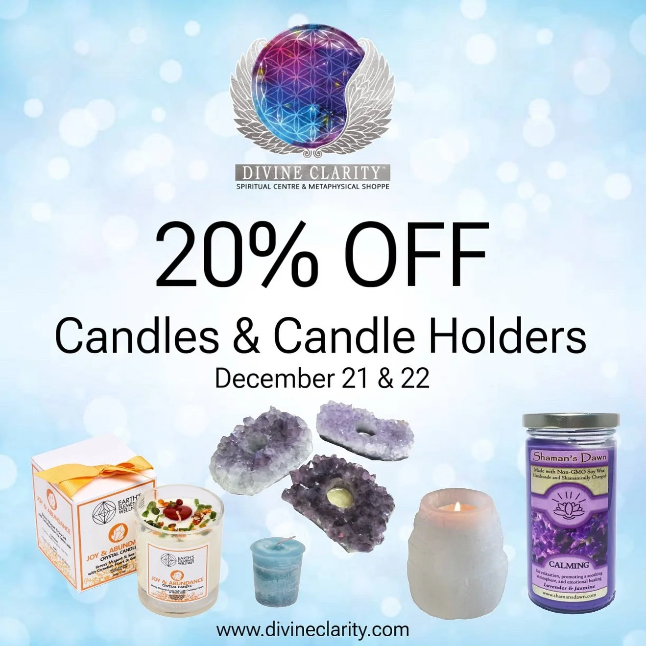 ✨ Today &amp; Tomorrow Only | 20% OFF Candles &amp; Candle Holders ✨

Create warmth, intention, and sacred space with our beautiful candle collection.

Enjoy 20% off all candles and candle holders, including:
&bull; Crystal candle jars
&bull; Mini ch